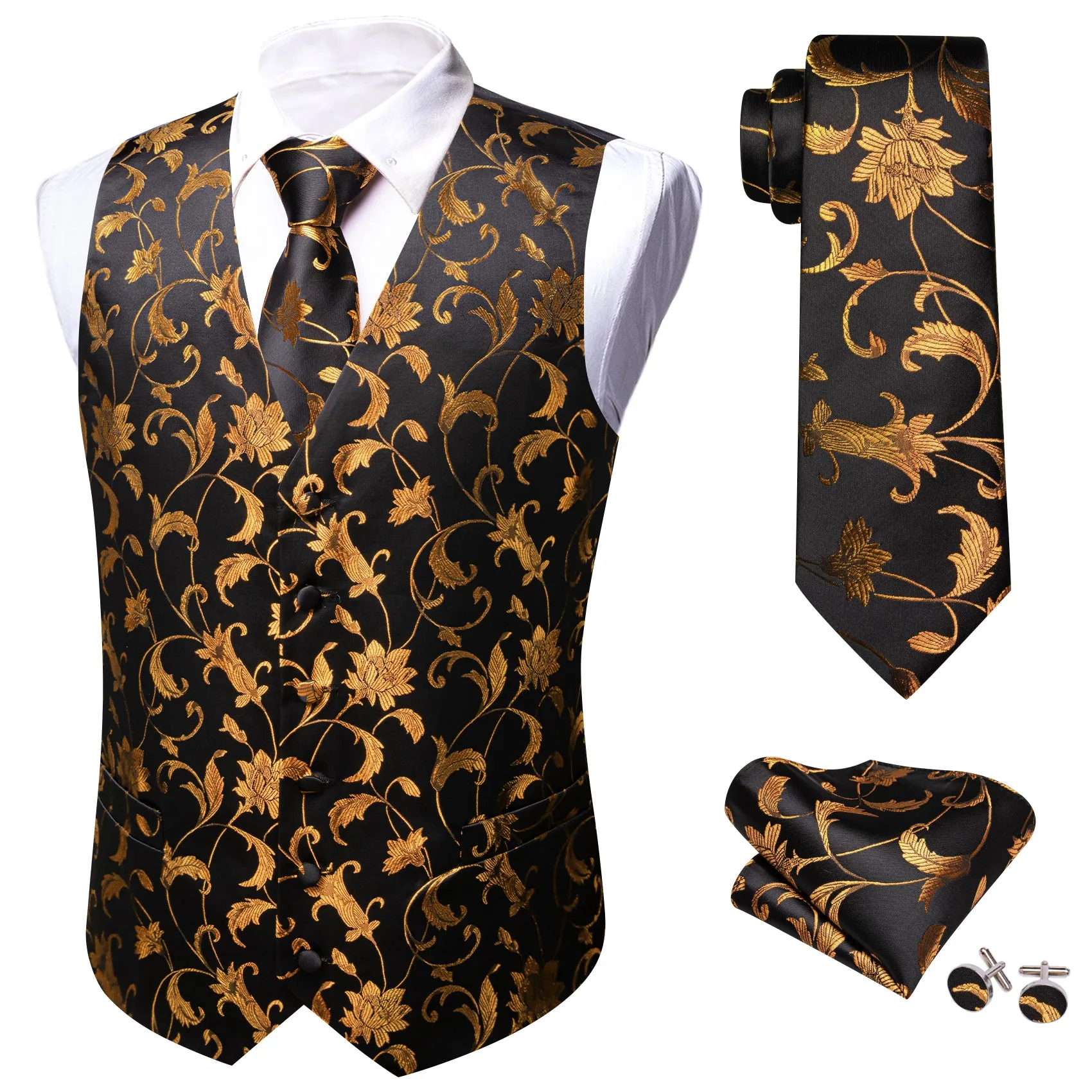 Barry. Wang Men's Golden Floral Black Silk Vest Necktie Pocket Square Cufflinks Set sold by Barrywang product image thumbnail 3