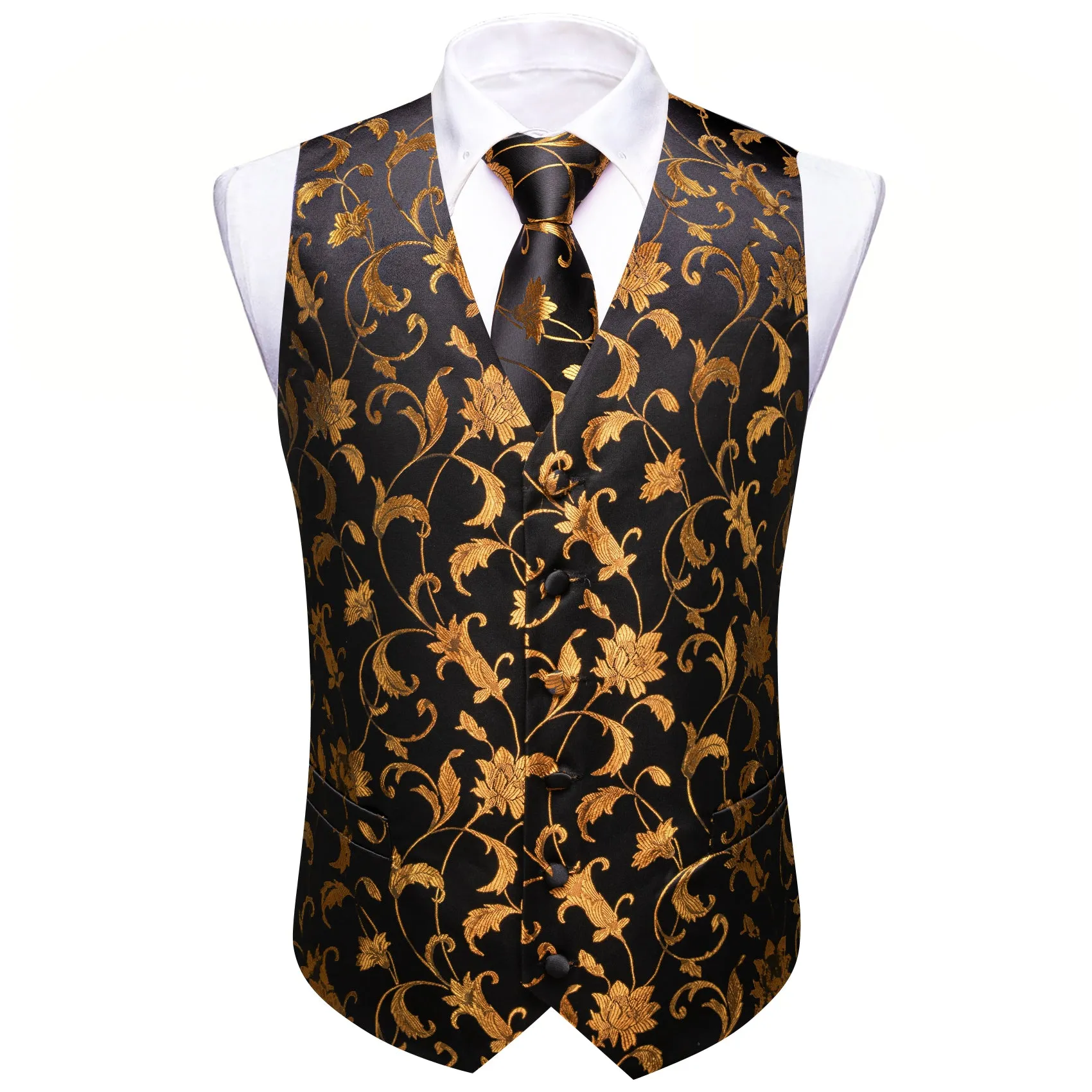 Barry. Wang Men's Golden Floral Black Silk Vest Necktie Pocket Square Cufflinks Set sold by Barrywang product image thumbnail 4
