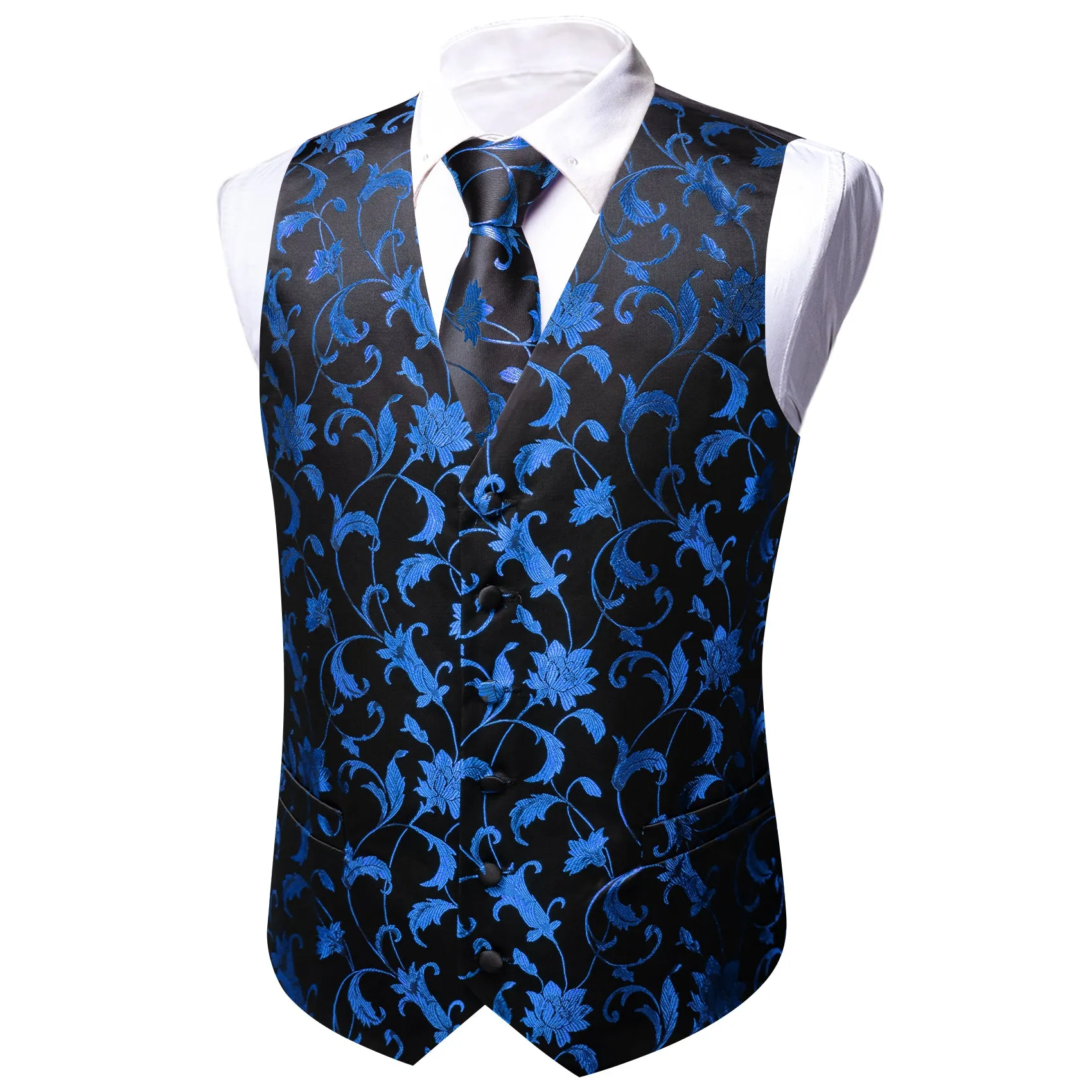 Barry. Wang Men's Blue Black Floral Silk Vest Necktie Pocket Square Cufflinks Set sold by Barrywang product image thumbnail 5