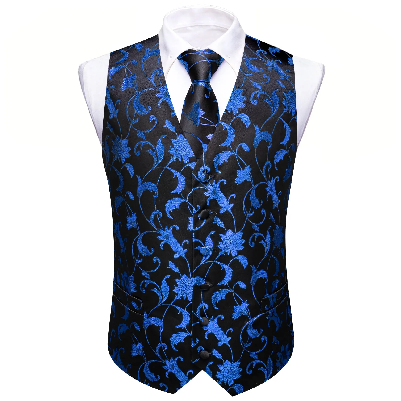 Barry. Wang Men's Blue Black Floral Silk Vest Necktie Pocket Square Cufflinks Set sold by Barrywang product image thumbnail 4