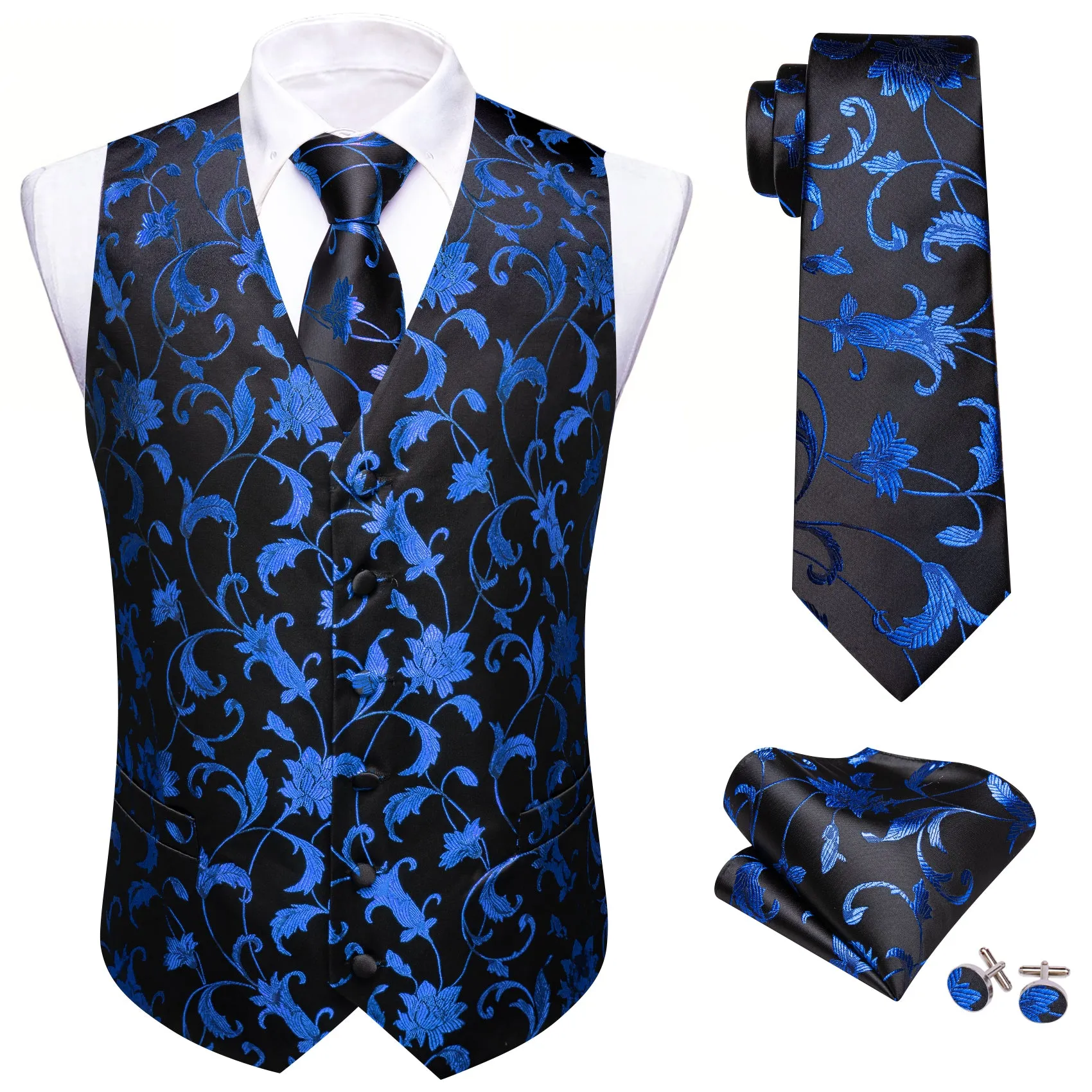 Barry. Wang Men's Blue Black Floral Silk Vest Necktie Pocket Square Cufflinks Set sold by Barrywang product image thumbnail 2