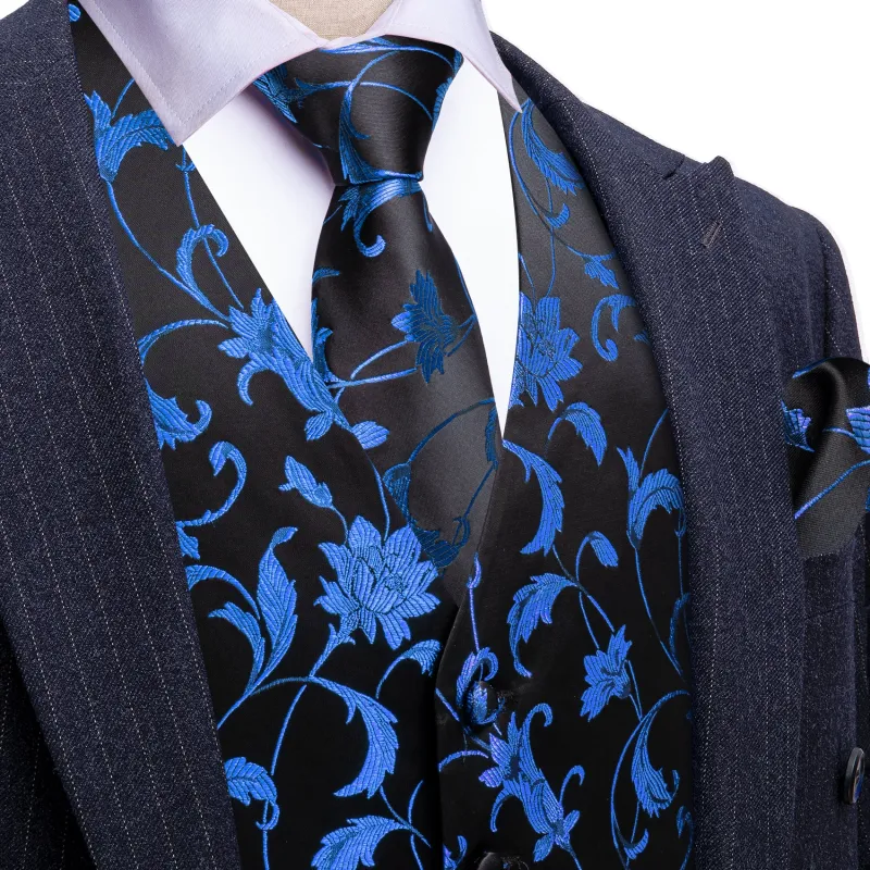 Barry. Wang Men's Blue Black Floral Silk Vest Necktie Pocket Square Cufflinks Set made by Barrywang