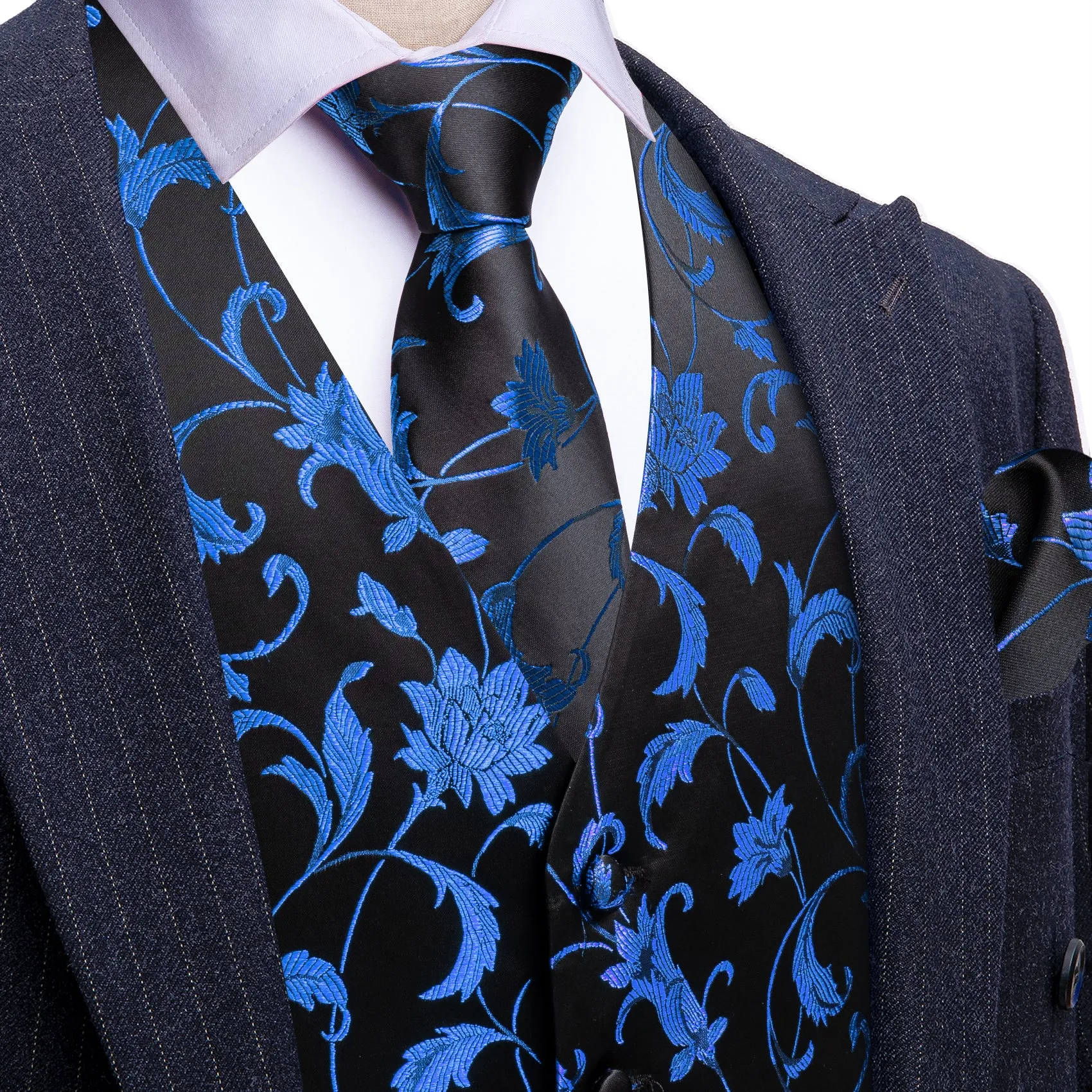 Barry. Wang Men's Blue Black Floral Silk Vest Necktie Pocket Square Cufflinks Set sold by Barrywang