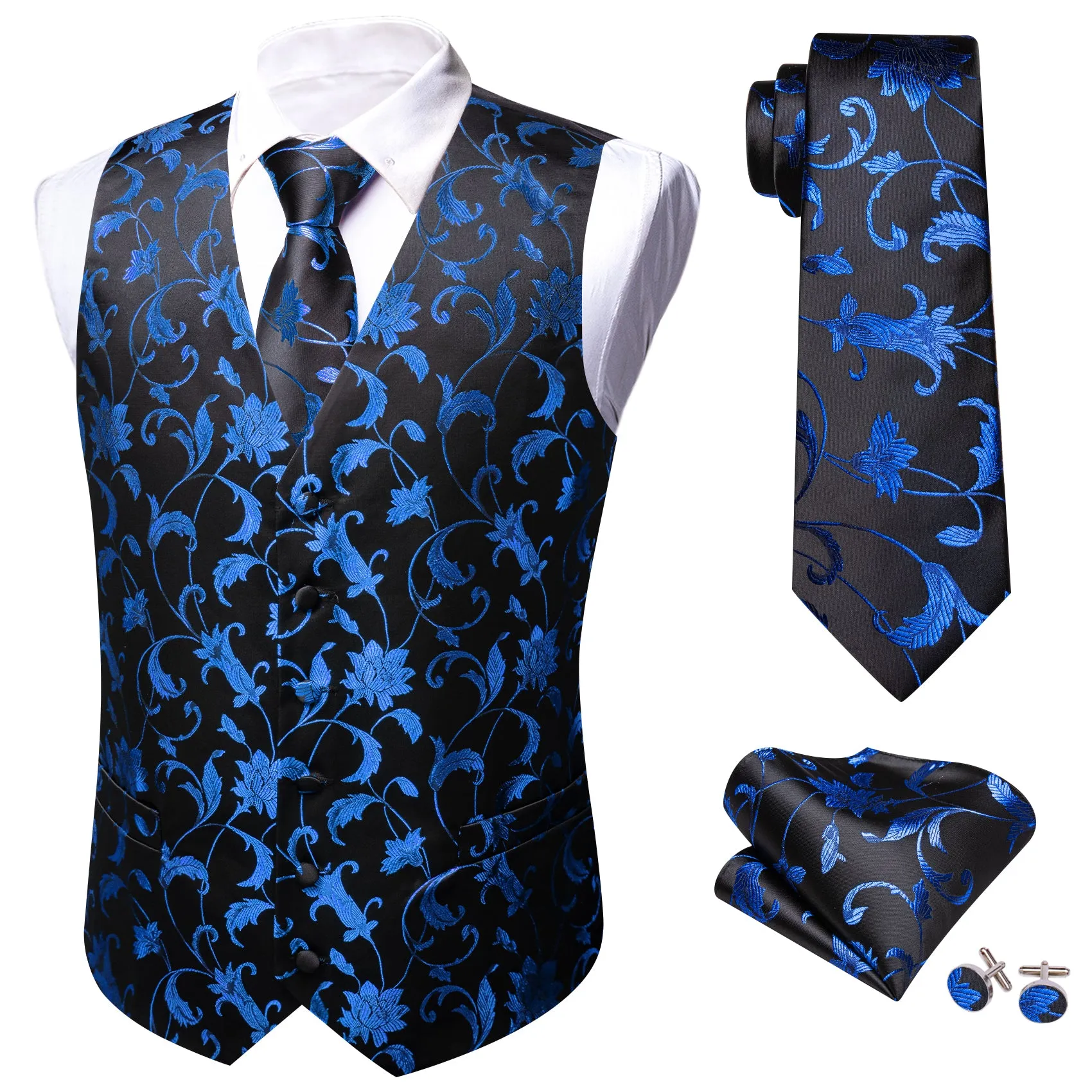 Barry. Wang Men's Blue Black Floral Silk Vest Necktie Pocket Square Cufflinks Set sold by Barrywang product image thumbnail 3