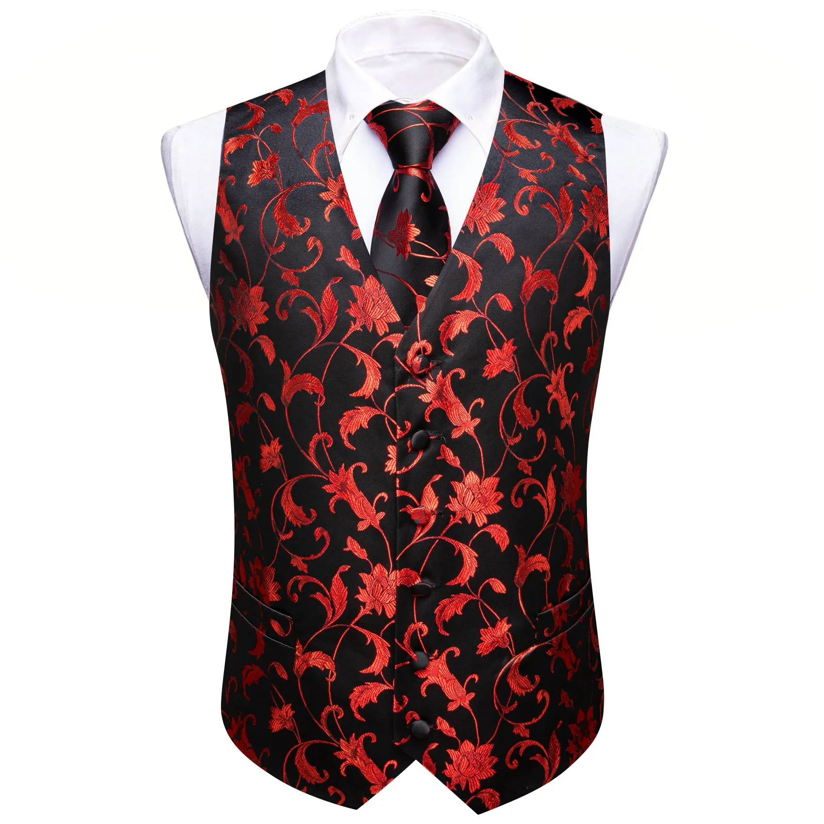 Barry. Wang Men's Red Black Floral Silk Vest Necktie Pocket Square Cufflinks Set sold by Barrywang product image thumbnail 4