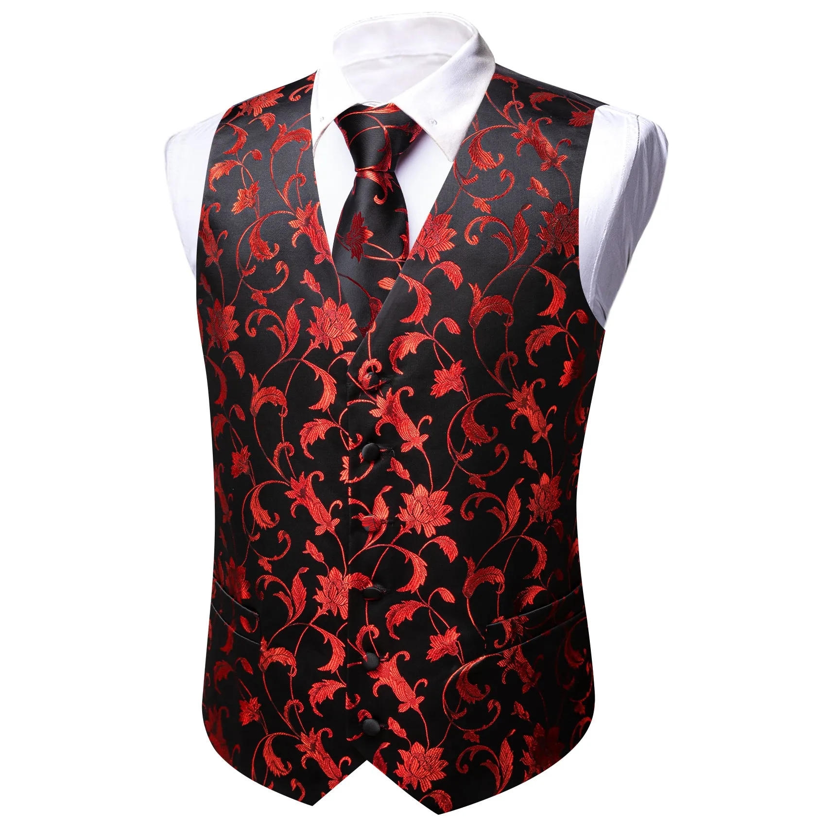 Barry. Wang Men's Red Black Floral Silk Vest Necktie Pocket Square Cufflinks Set sold by Barrywang product image thumbnail 5