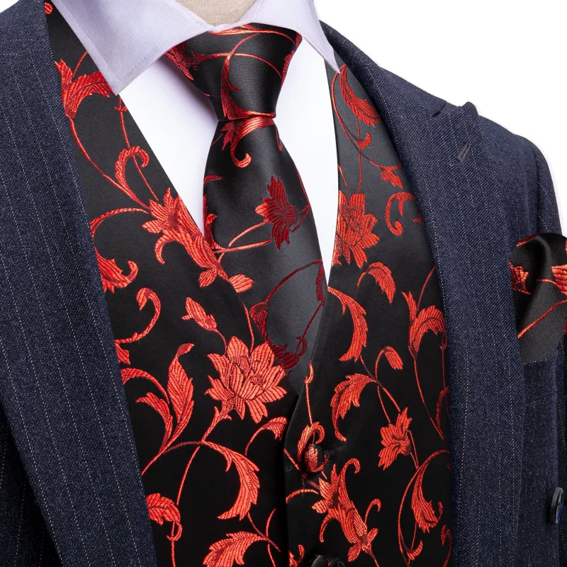 Barry. Wang Men's Red Black Floral Silk Vest Necktie Pocket Square Cufflinks Set sold by Barrywang