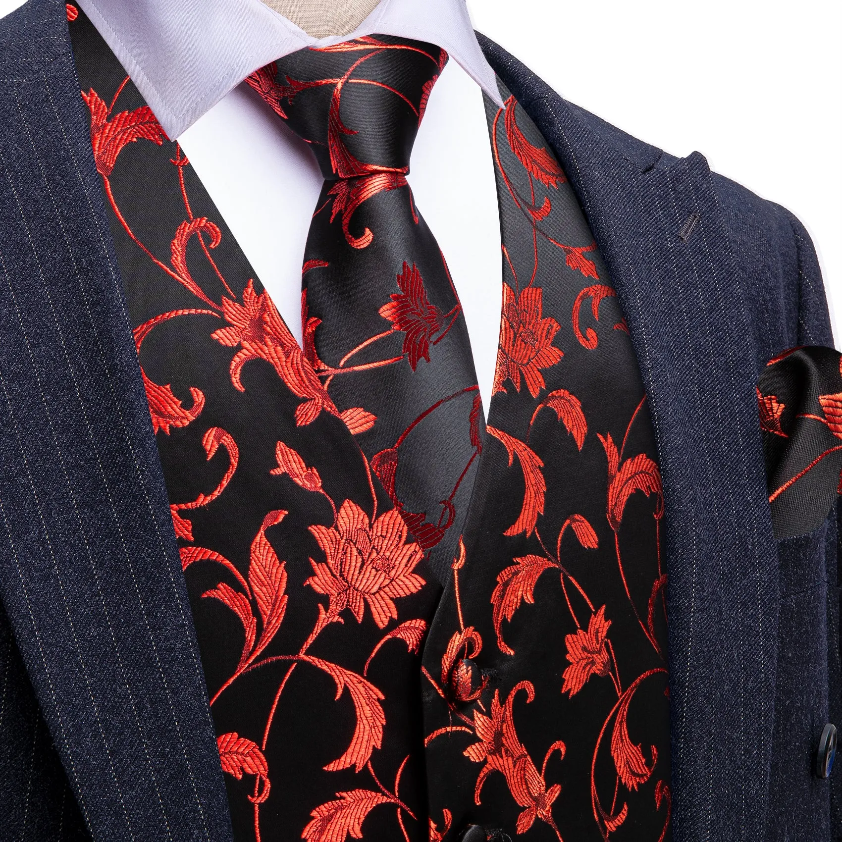 Barry. Wang Men's Red Black Floral Silk Vest Necktie Pocket Square Cufflinks Set sold by Barrywang