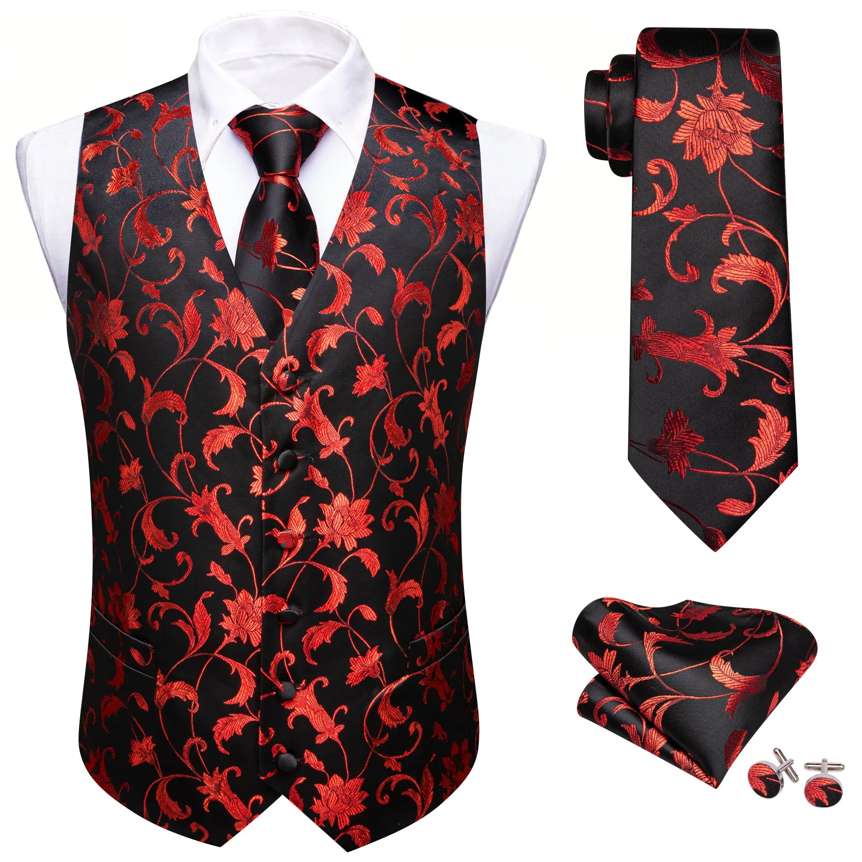 Barry. Wang Men's Red Black Floral Silk Vest Necktie Pocket Square Cufflinks Set sold by Barrywang product image thumbnail 2