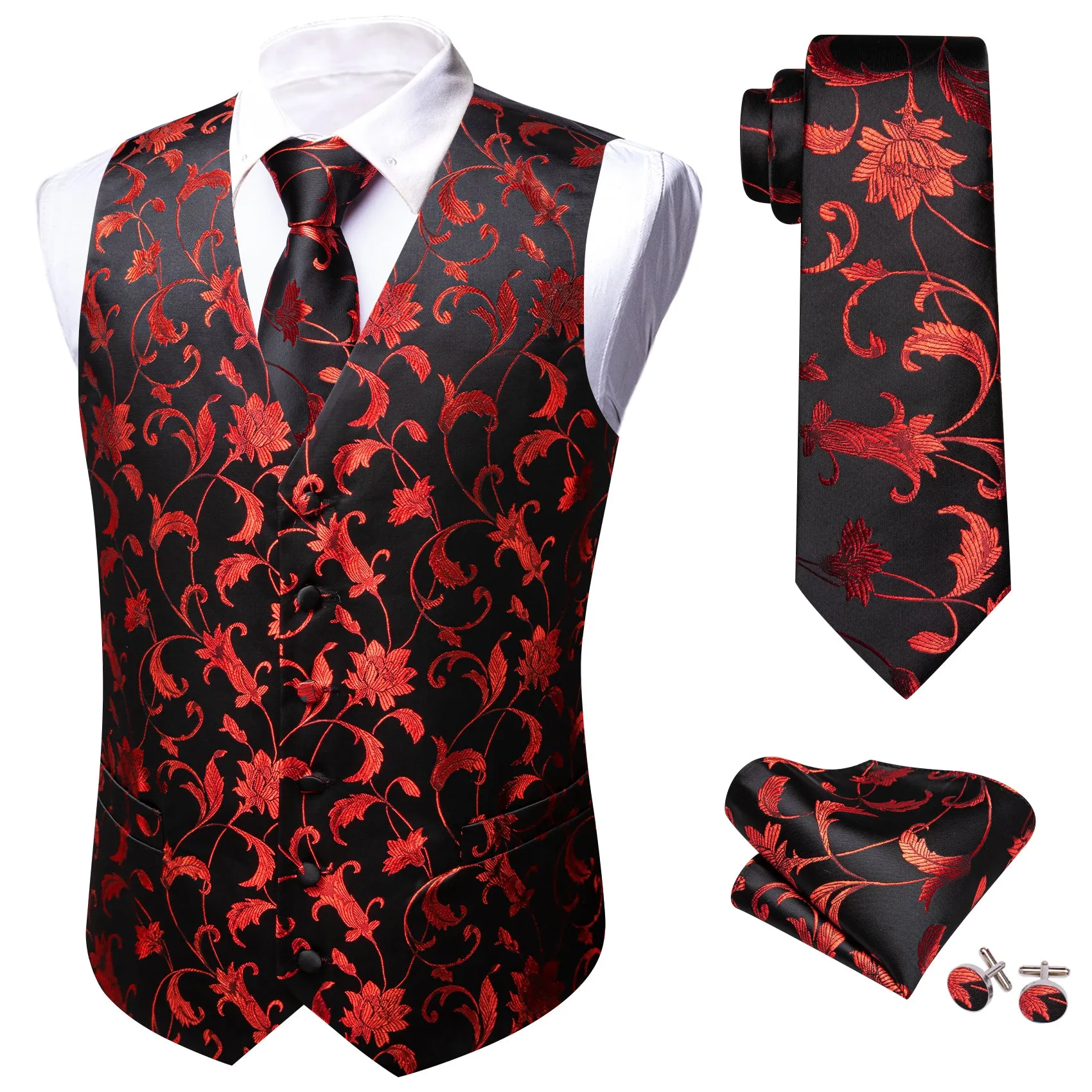 Barry. Wang Men's Red Black Floral Silk Vest Necktie Pocket Square Cufflinks Set sold by Barrywang product image thumbnail 3