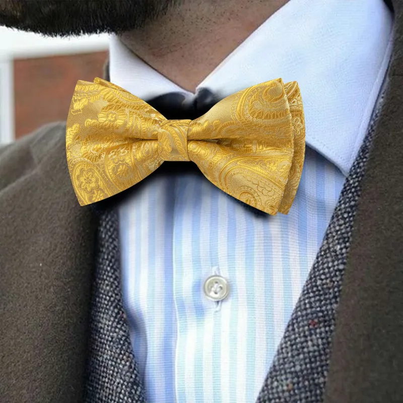 Barry. Wang Rich Gold Paisley Pre-tied Bow Tie Hanky Cufflinks Set sold by Barrywang