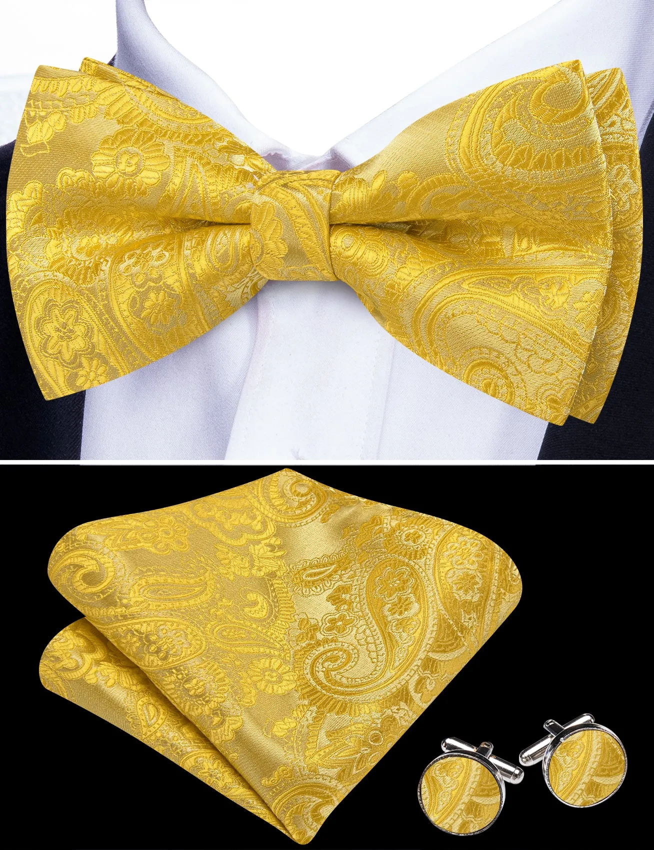 Barry. Wang Champagne Gold Paisley Pre-tied Bow Tie Hanky Cufflinks Set sold by Barrywang product image thumbnail 2