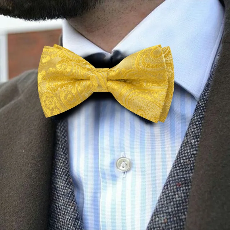 Barry. Wang Champagne Gold Paisley Pre-tied Bow Tie Hanky Cufflinks Set sold by Barrywang