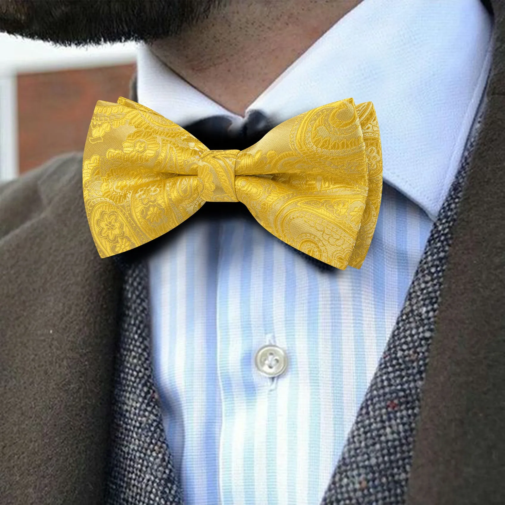 Barry. Wang Champagne Gold Paisley Pre-tied Bow Tie Hanky Cufflinks Set sold by Barrywang