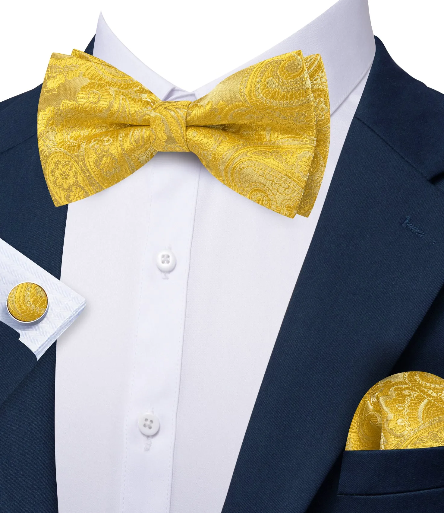 Barry. Wang Champagne Gold Paisley Pre-tied Bow Tie Hanky Cufflinks Set sold by Barrywang product image thumbnail 3