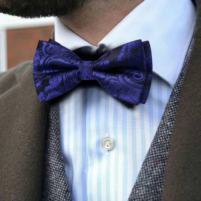 Barry. Wang Purplish Navy Paisley Pre-tied Bow Tie Hanky Cufflinks Set sold by Barrywang
