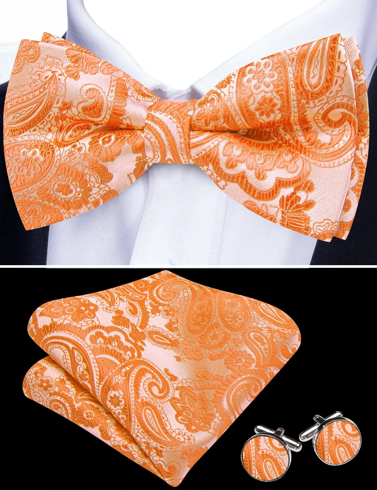 Barry. Wang Warm Orange Paisley Pre-tied Bow Tie Hanky Cufflinks Set sold by Barrywang product image thumbnail 2