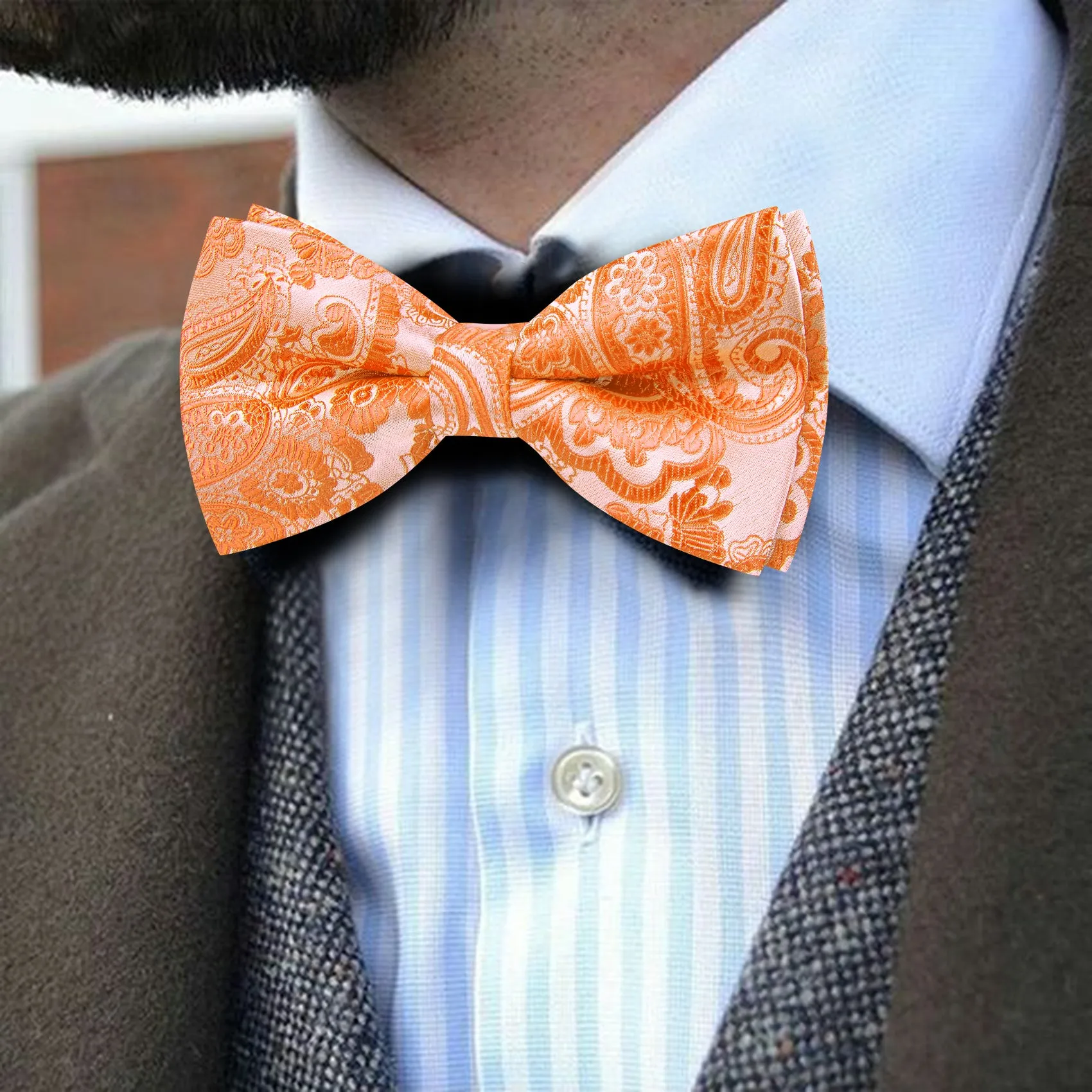 Barry. Wang Warm Orange Paisley Pre-tied Bow Tie Hanky Cufflinks Set sold by Barrywang