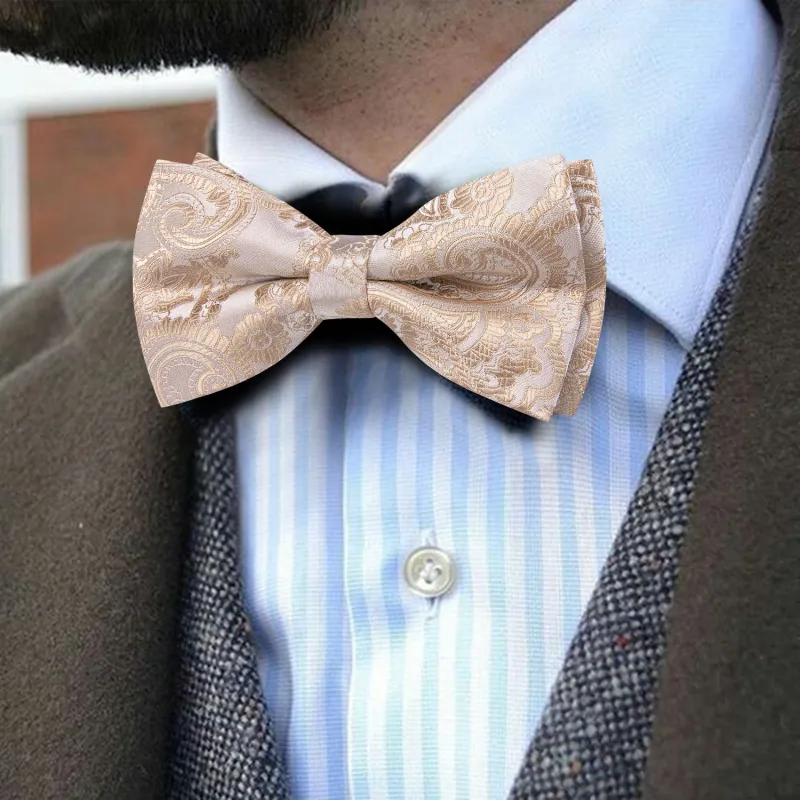 Barry. Wang Golden Champagne Paisley Pre-tied Bow Tie Hanky Cufflinks Set sold by Barrywang