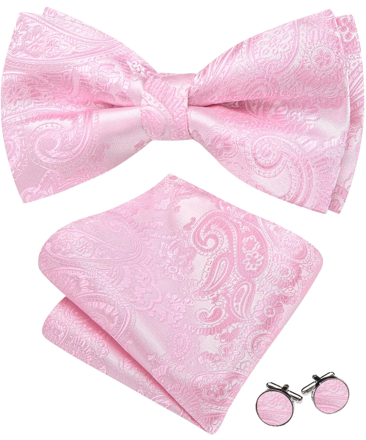 Barry. Wang Cotton Candy Pink Paisley Pre-tied Bow Tie Hanky Cufflinks Set sold by Barrywang product image thumbnail 4