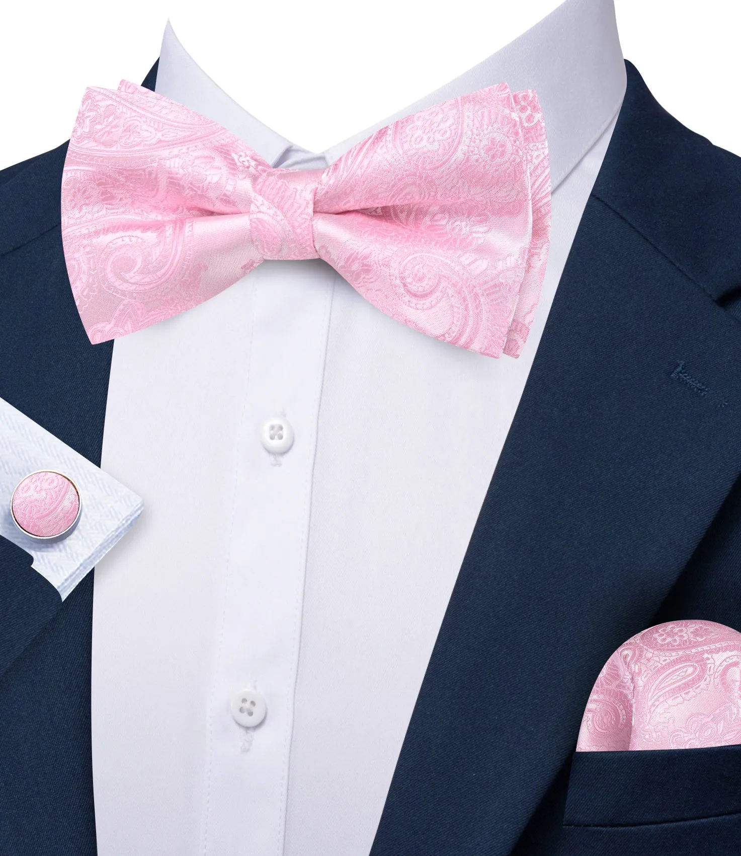 Barry. Wang Cotton Candy Pink Paisley Pre-tied Bow Tie Hanky Cufflinks Set sold by Barrywang product image thumbnail 3