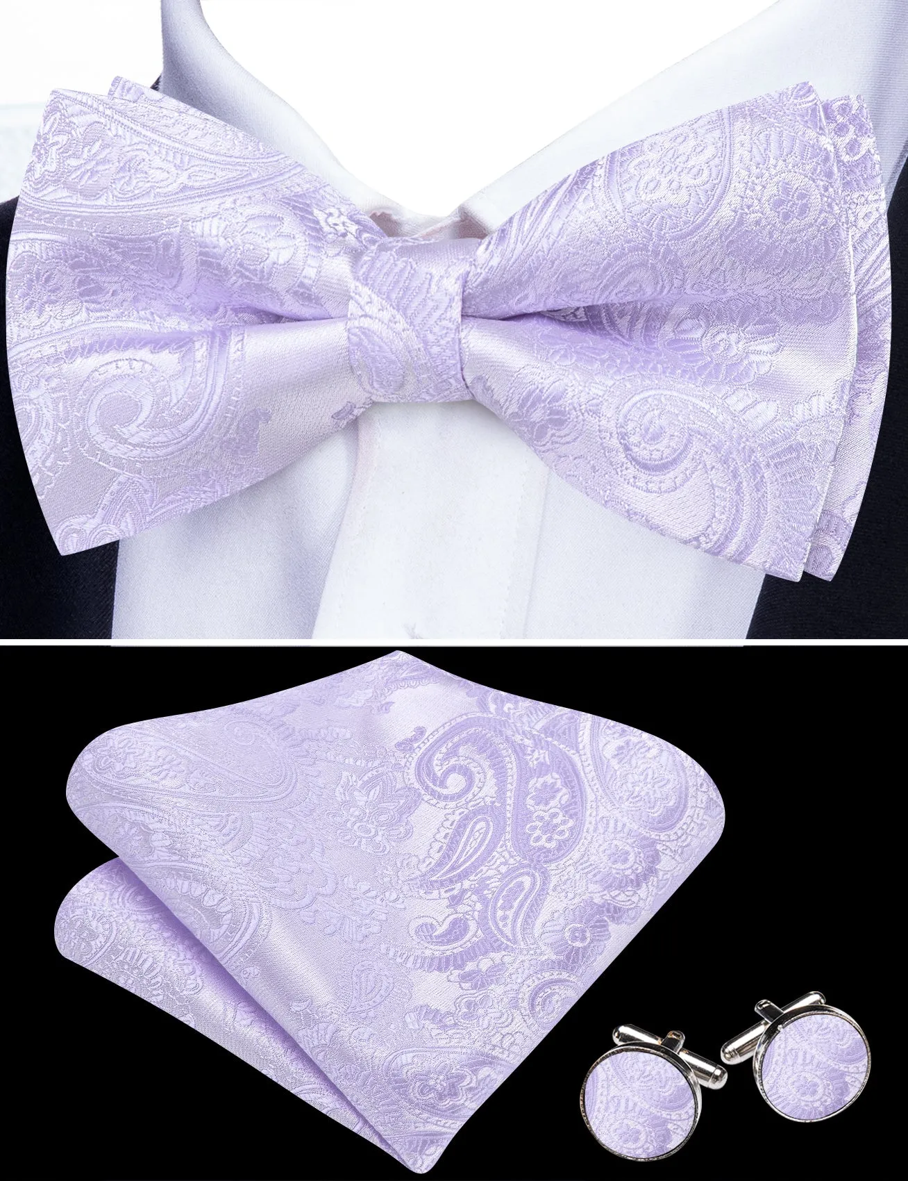 Barry. Wang Mauve Mist Paisley Pre-tied Bow Tie Hanky Cufflinks Set sold by Barrywang product image thumbnail 2