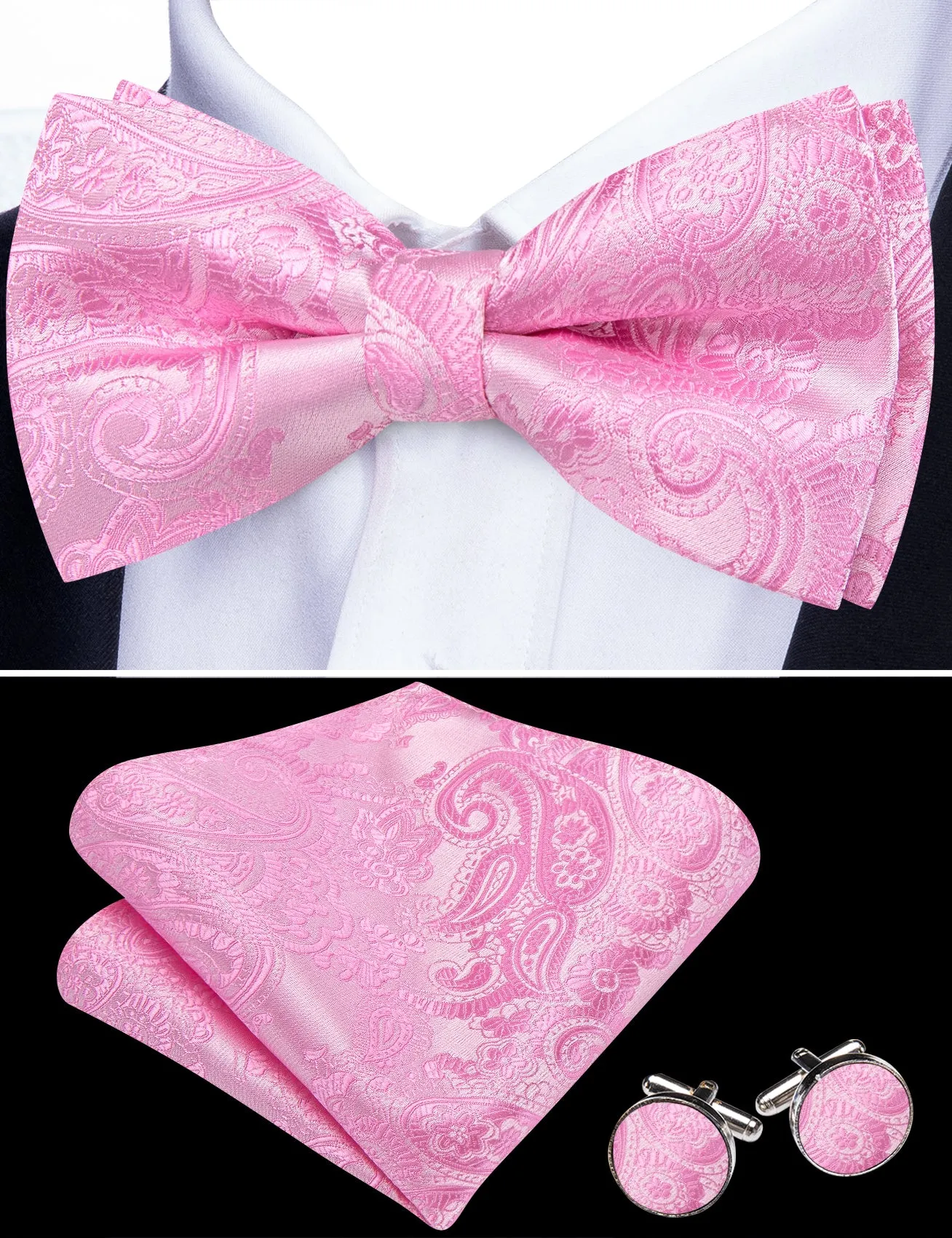 Barry. Wang Blush Pink Paisley Pre-tied Bow Tie Hanky Cufflinks Set sold by Barrywang product image thumbnail 2