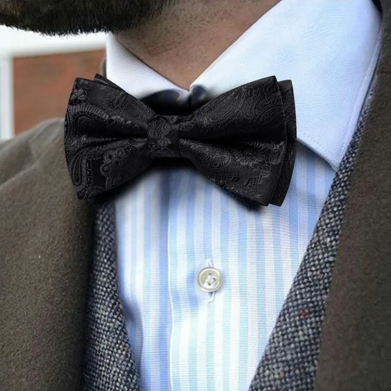 Barry. Wang Black Paisley Pre-tied Bow Tie Hanky Cufflinks Set sold by Barrywang