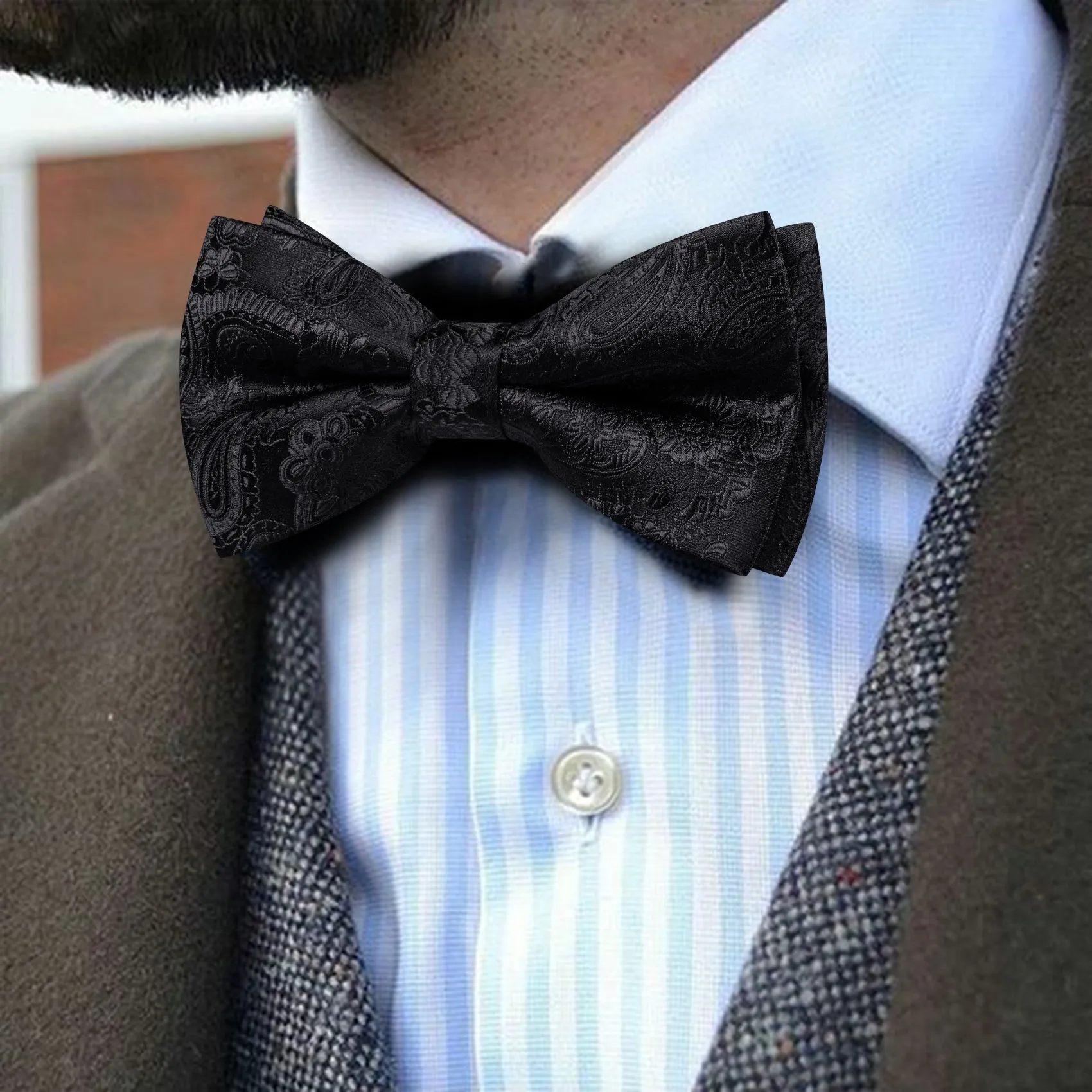 Barry. Wang Black Paisley Pre-tied Bow Tie Hanky Cufflinks Set sold by Barrywang