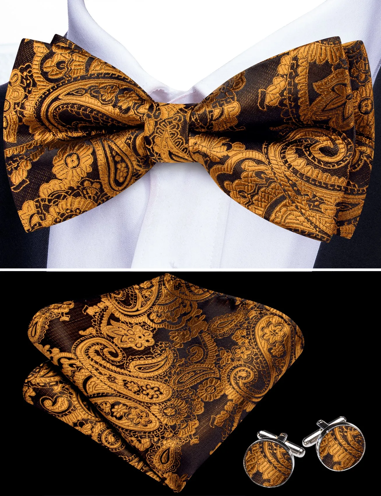 Barry. Wang Rust Orange Paisley Pre-tied Bow Tie Hanky Cufflinks Set sold by Barrywang product image thumbnail 2