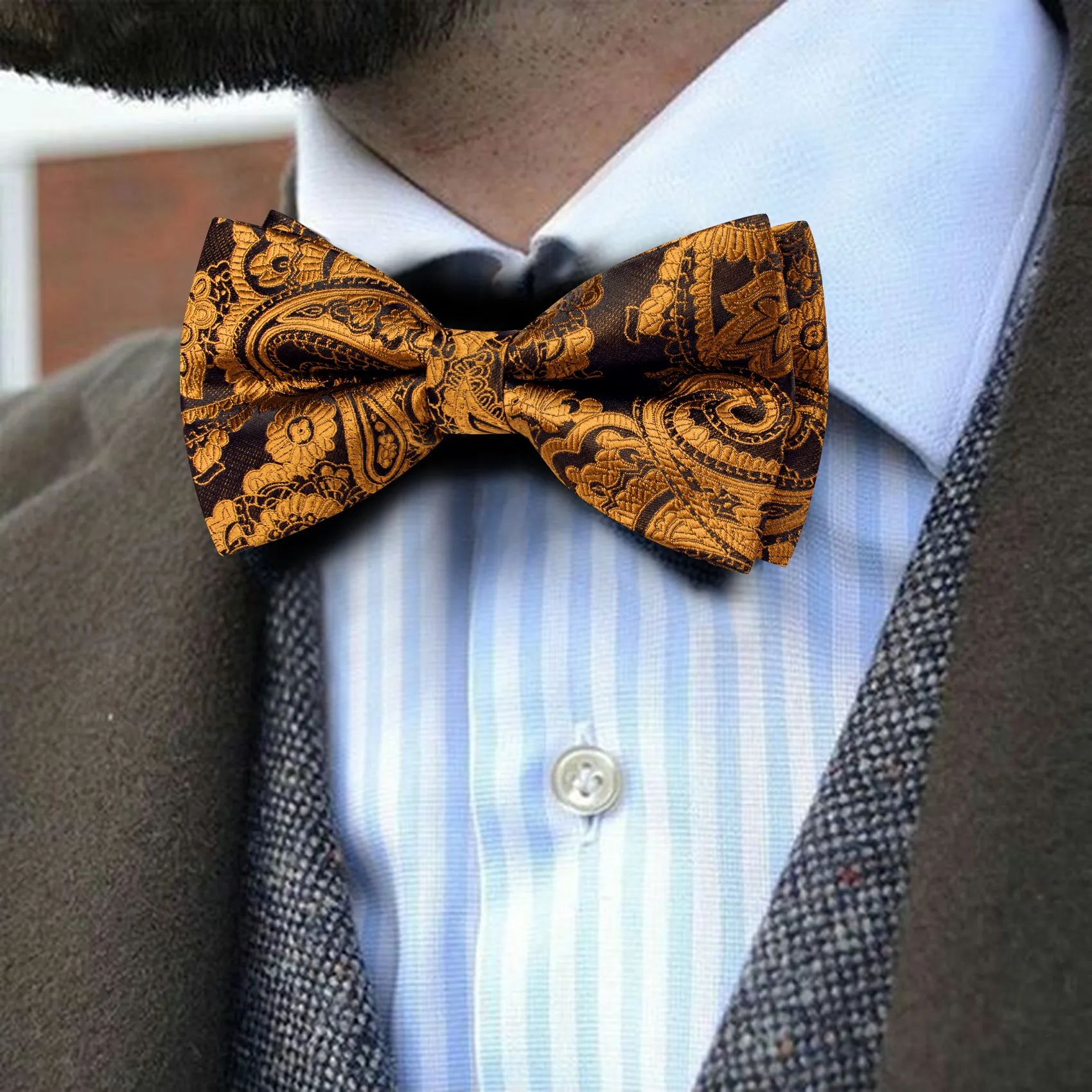 Barry. Wang Rust Orange Paisley Pre-tied Bow Tie Hanky Cufflinks Set sold by Barrywang