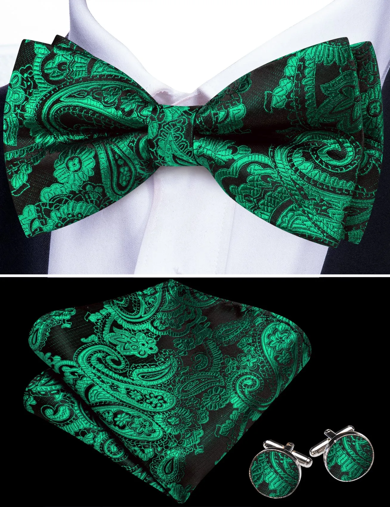 Barry. Wang Emerald Pine Paisley Pre-tied Bow Tie Hanky Cufflinks Set sold by Barrywang product image thumbnail 2