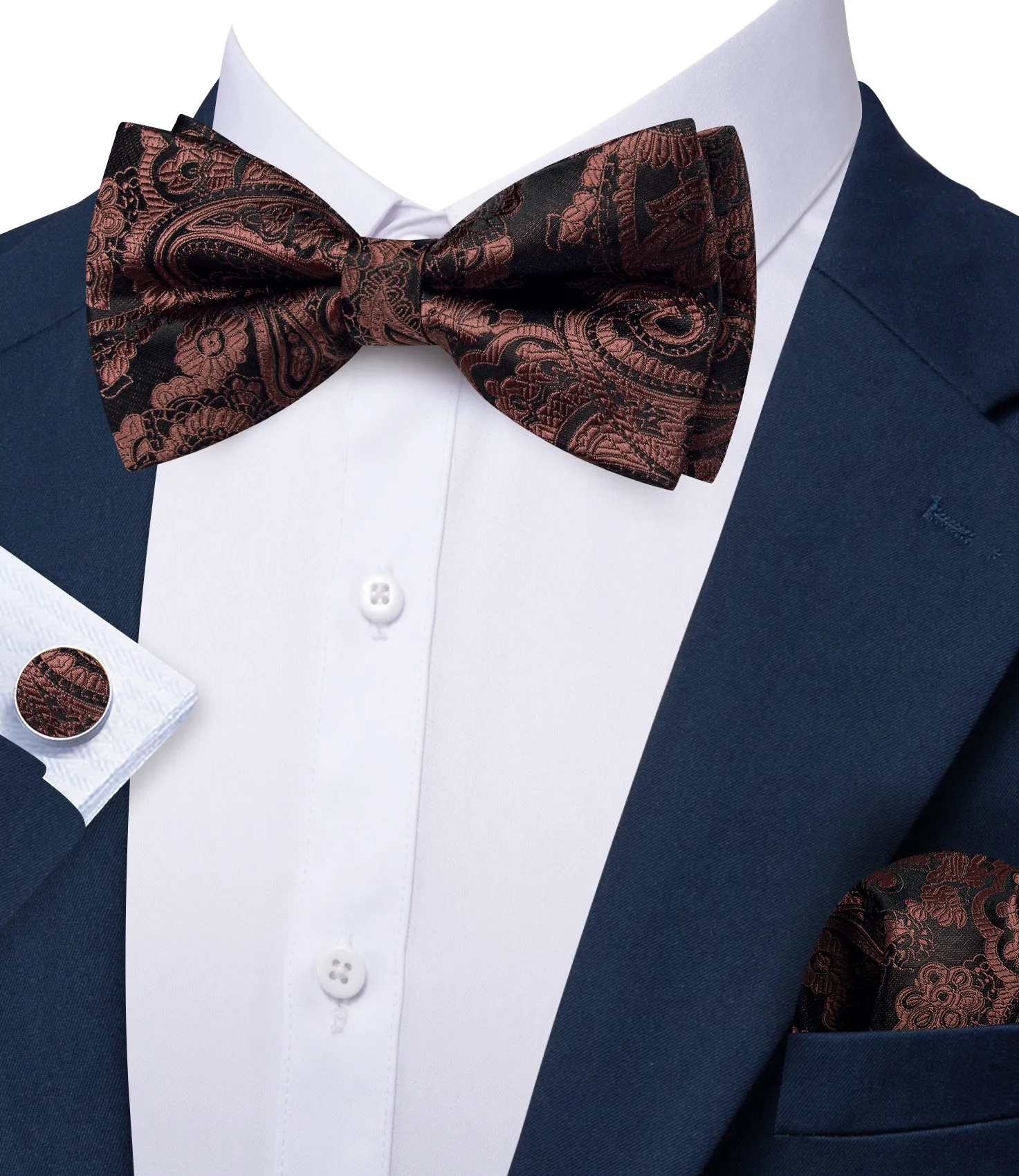 Barry. Wang Walnut Brown Paisley Pre-tied Bow Tie Hanky Cufflinks Set sold by Barrywang product image thumbnail 3