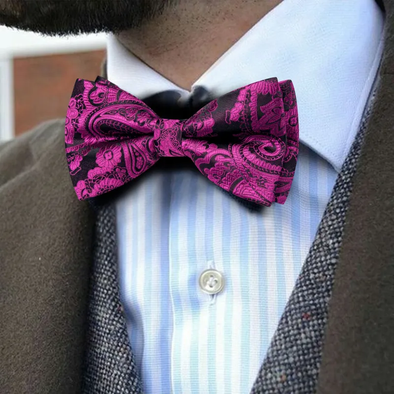 Barry. Wang Magenta Plum Paisley Pre-tied Bow Tie Hanky Cufflinks Set sold by Barrywang