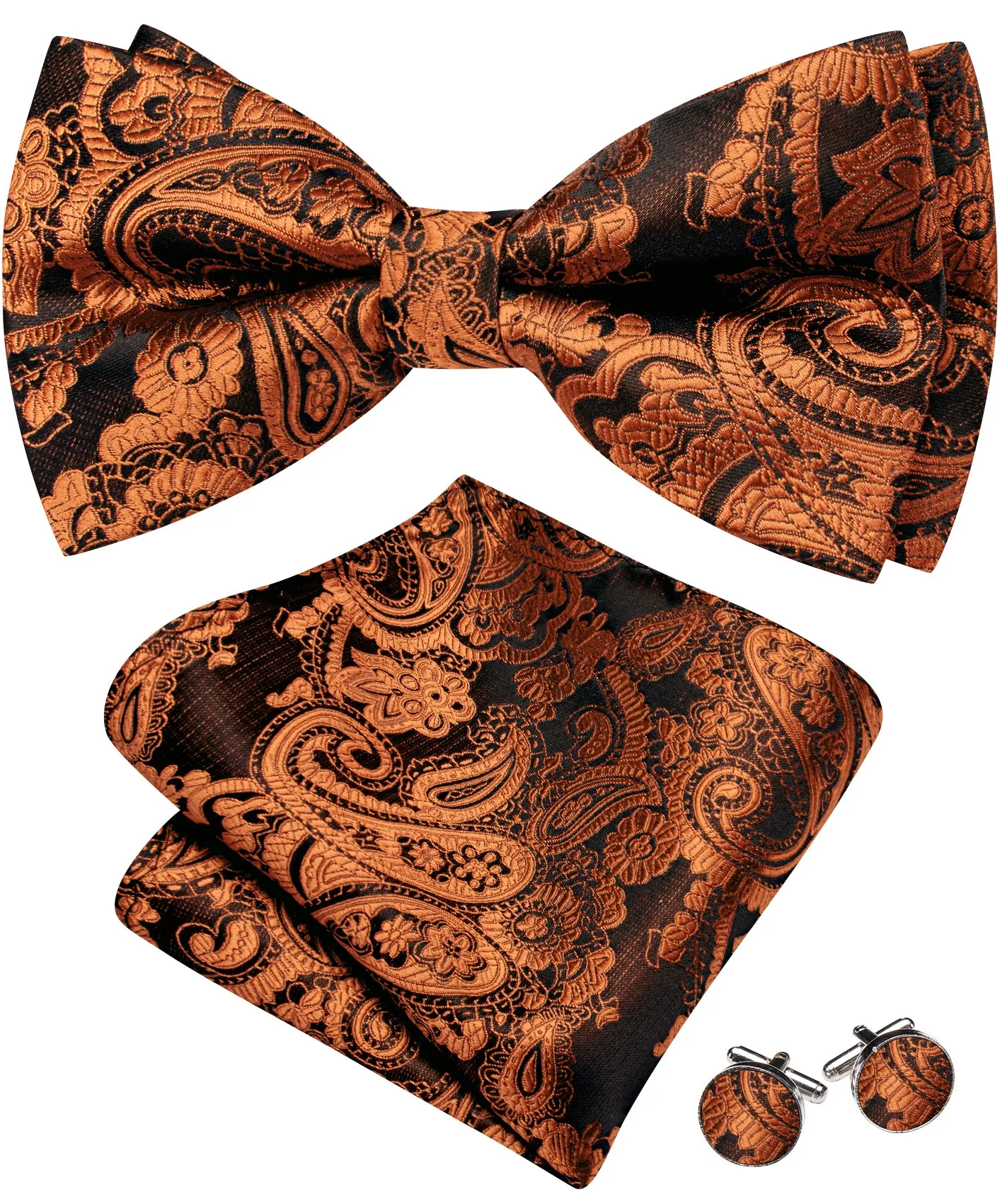 Barry. Wang Rust Brown Paisley Pre-tied Bow Tie Hanky Cufflinks Set sold by Barrywang product image thumbnail 4