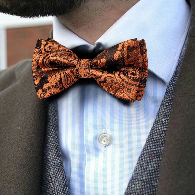 Barry. Wang Rust Brown Paisley Pre-tied Bow Tie Hanky Cufflinks Set made by Barrywang
