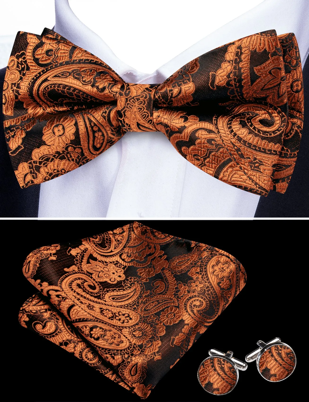 Barry. Wang Rust Brown Paisley Pre-tied Bow Tie Hanky Cufflinks Set sold by Barrywang product image thumbnail 2