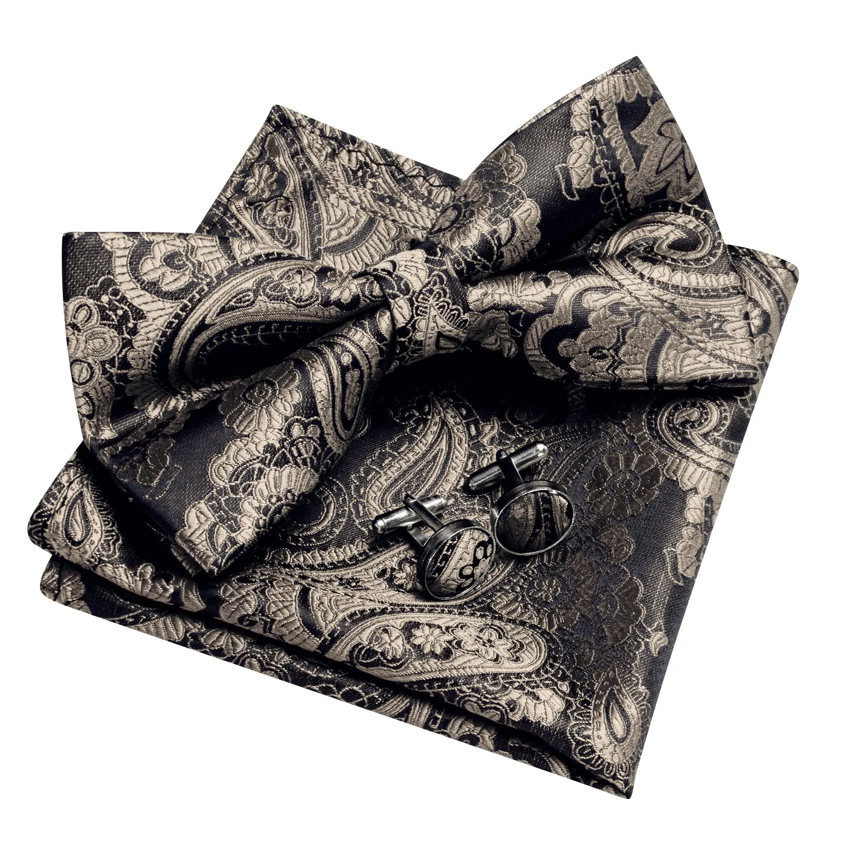 Barry. Wang Warm Greige Paisley Pre-tied Bow Tie Hanky Cufflinks Set sold by Barrywang product image thumbnail 5