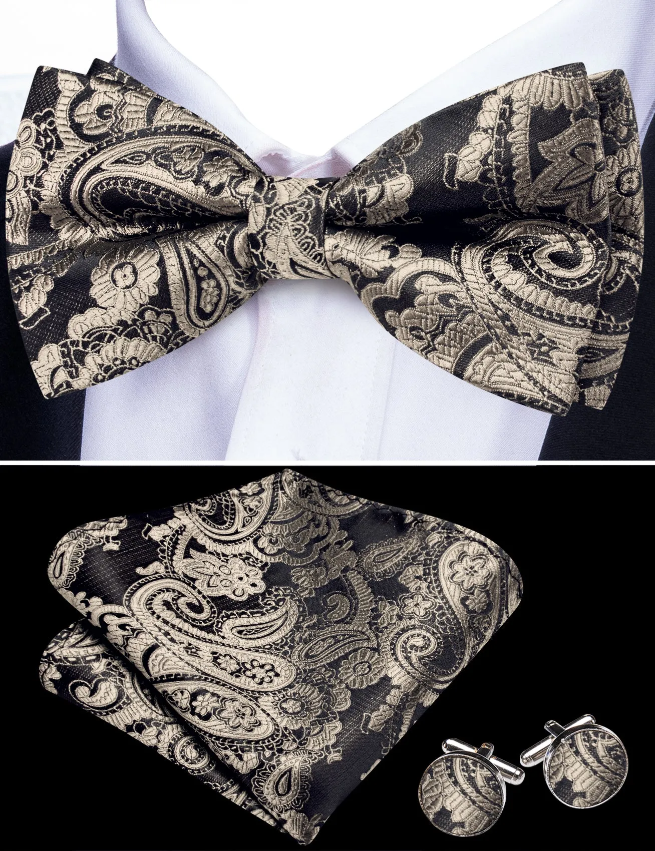 Barry. Wang Warm Greige Paisley Pre-tied Bow Tie Hanky Cufflinks Set sold by Barrywang product image thumbnail 2