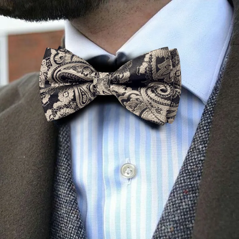 Barry. Wang Warm Greige Paisley Pre-tied Bow Tie Hanky Cufflinks Set sold by Barrywang