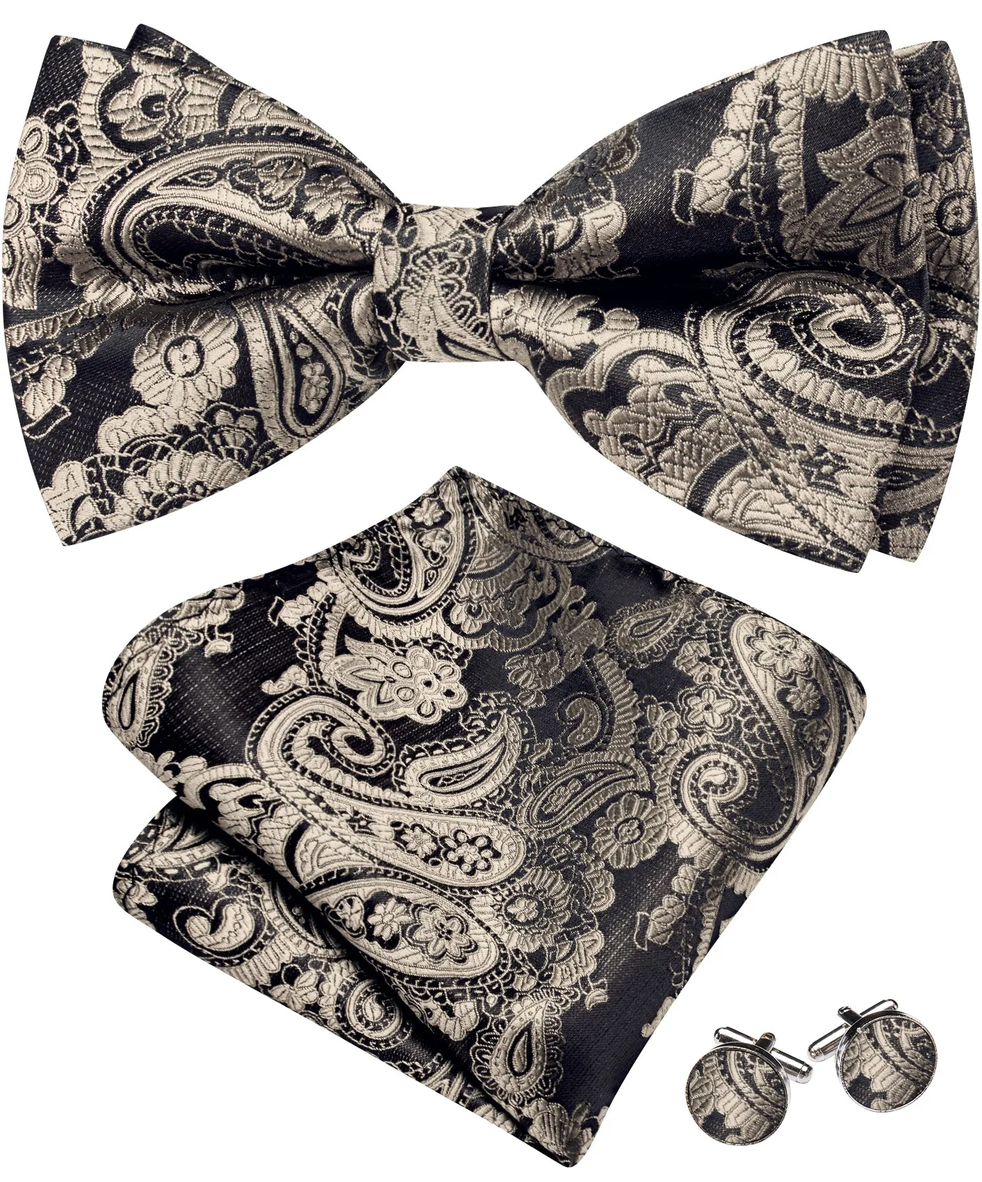 Barry. Wang Warm Greige Paisley Pre-tied Bow Tie Hanky Cufflinks Set sold by Barrywang product image thumbnail 4