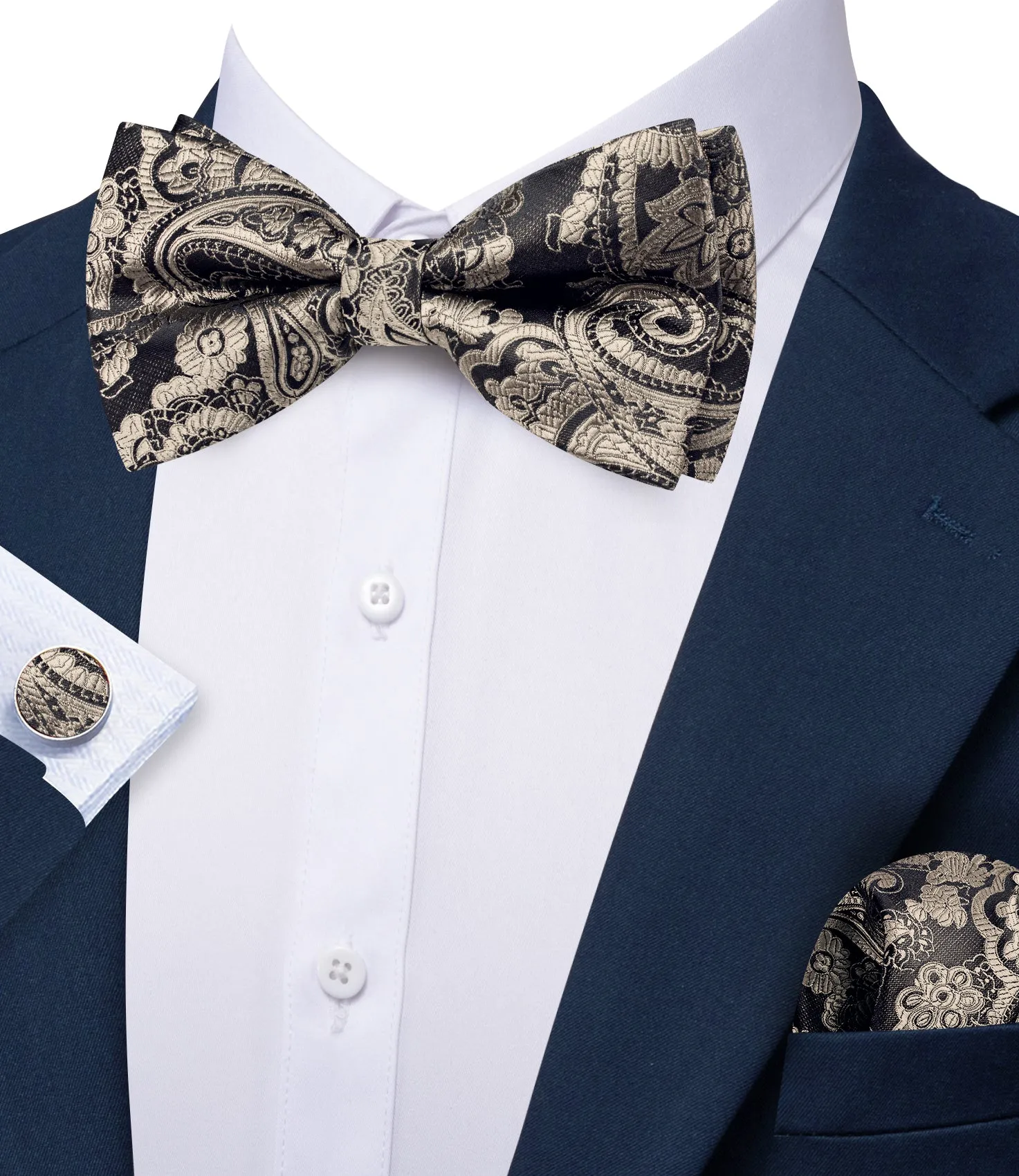 Barry. Wang Warm Greige Paisley Pre-tied Bow Tie Hanky Cufflinks Set sold by Barrywang product image thumbnail 3