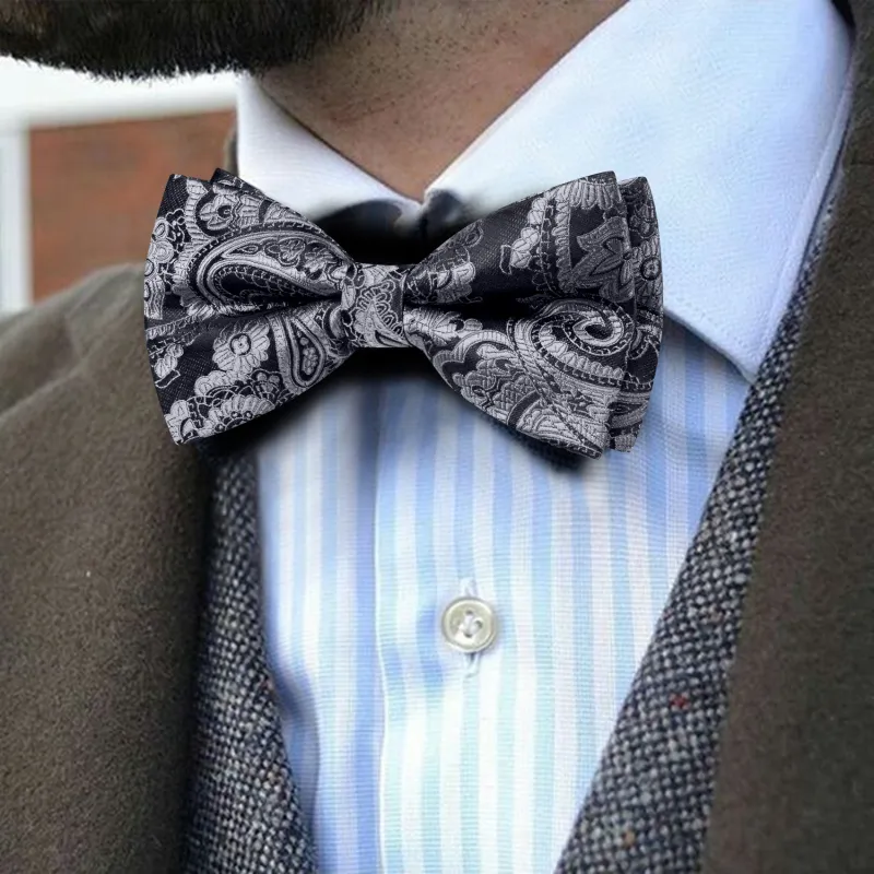 Barry. Wang Slate Gray Paisley Pre-tied Bow Tie Hanky Cufflinks Set sold by Barrywang