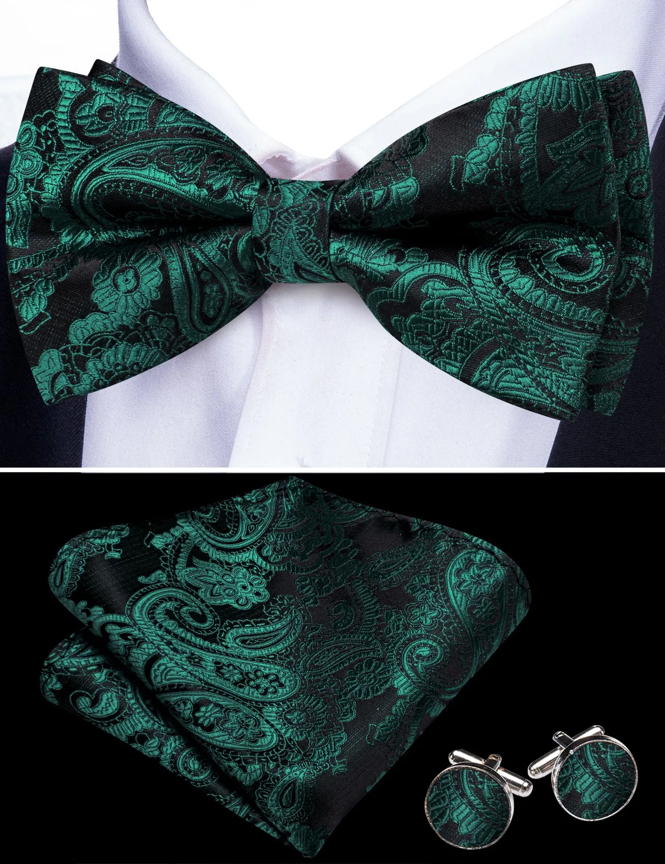 Barry. Wang Dark Teal Paisley Pre-tied Bow Tie Hanky Cufflinks Set sold by Barrywang product image thumbnail 2