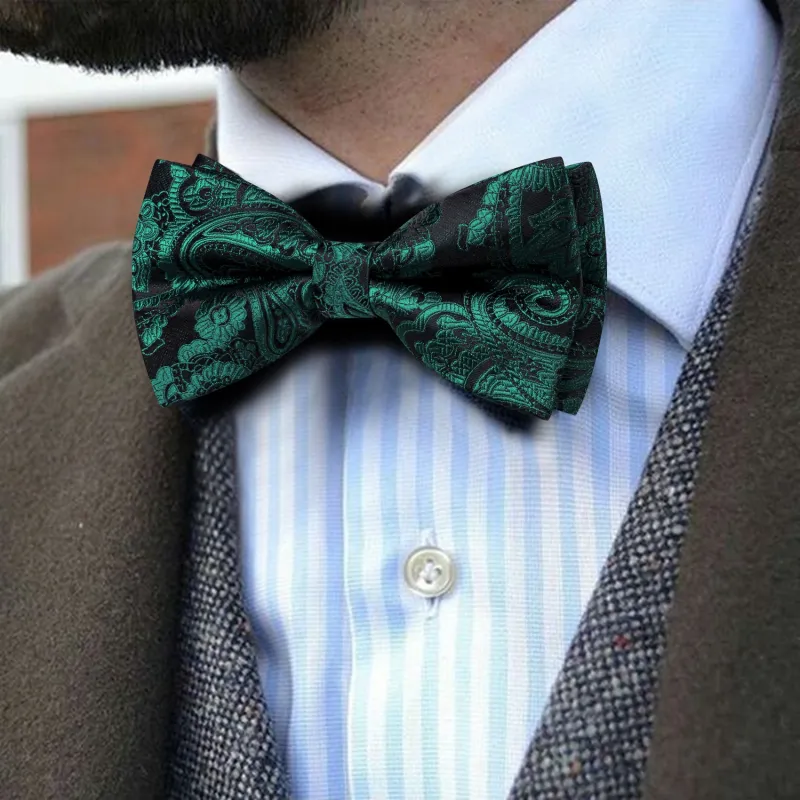 Barry. Wang Dark Teal Paisley Pre-tied Bow Tie Hanky Cufflinks Set sold by Barrywang