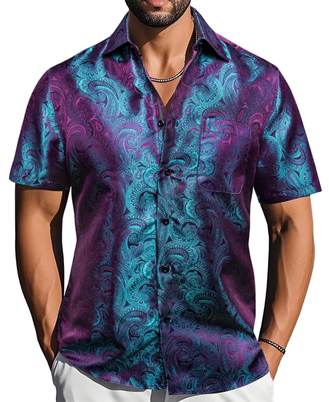 Barry. Wang Purple Blue Paisley Jacquard Short Sleeve Button Up Shirt for Men sold by Barrywang