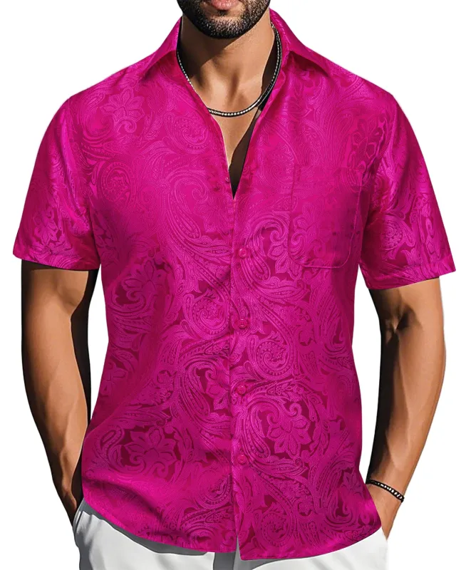 Barry. Wang Magenta Paisley Jacquard Short Sleeve Button Up Shirt for Men sold by Barrywang