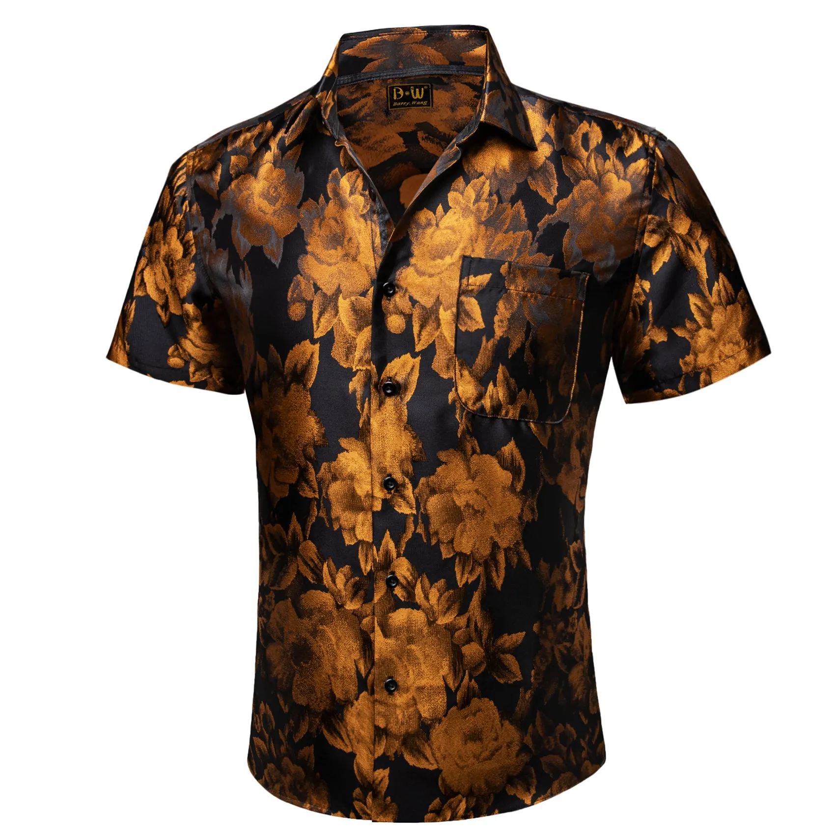 Barry. Wang Gold Black Floral Jacquard Short Sleeve Button Up Shirt for Men sold by Barrywang product image thumbnail 2