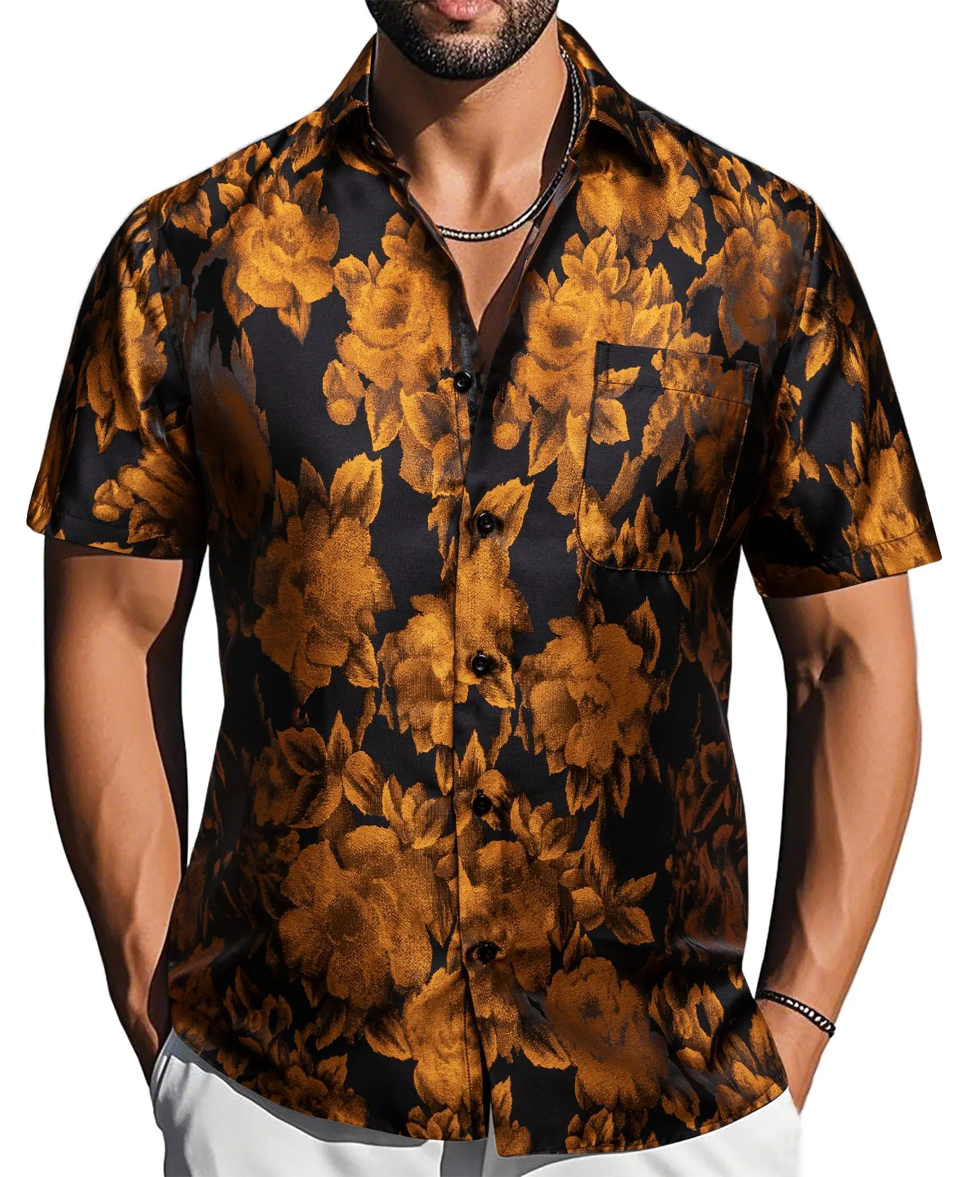 Barry. Wang Gold Black Floral Jacquard Short Sleeve Button Up Shirt for Men sold by Barrywang