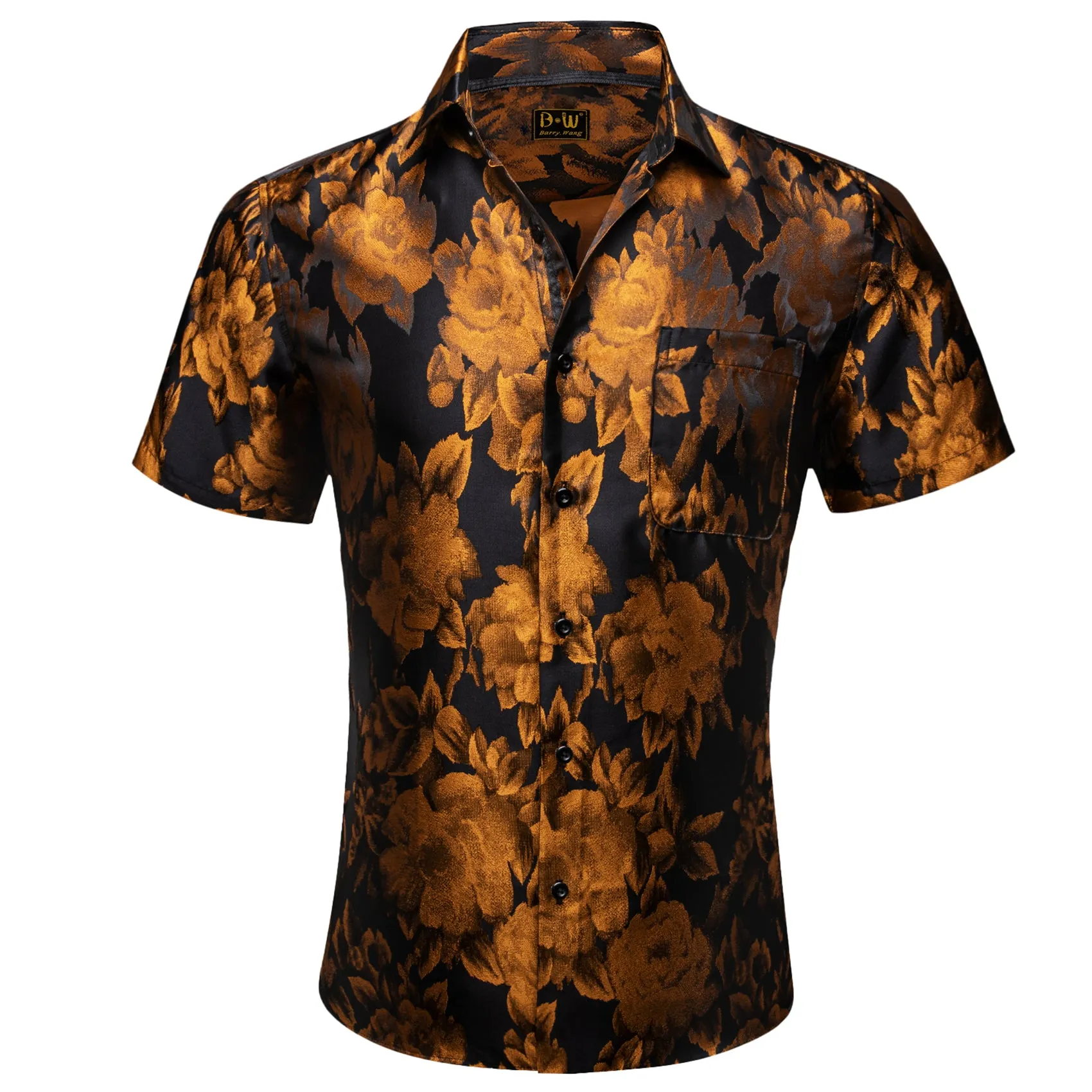 Barry. Wang Gold Black Floral Jacquard Short Sleeve Button Up Shirt for Men sold by Barrywang product image thumbnail 3